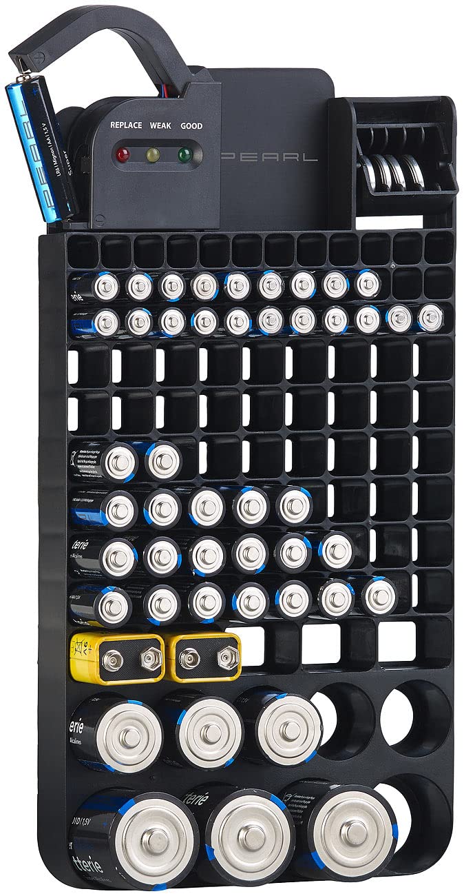 PEARL Batterienbox: 2in1-Batterie-Organizer für 110 Batterien, mit Batterie-Tester (Batterien Aufbewahrung, Akkubox, Aufbewahrungsbox) Angebot bei HelloDeals