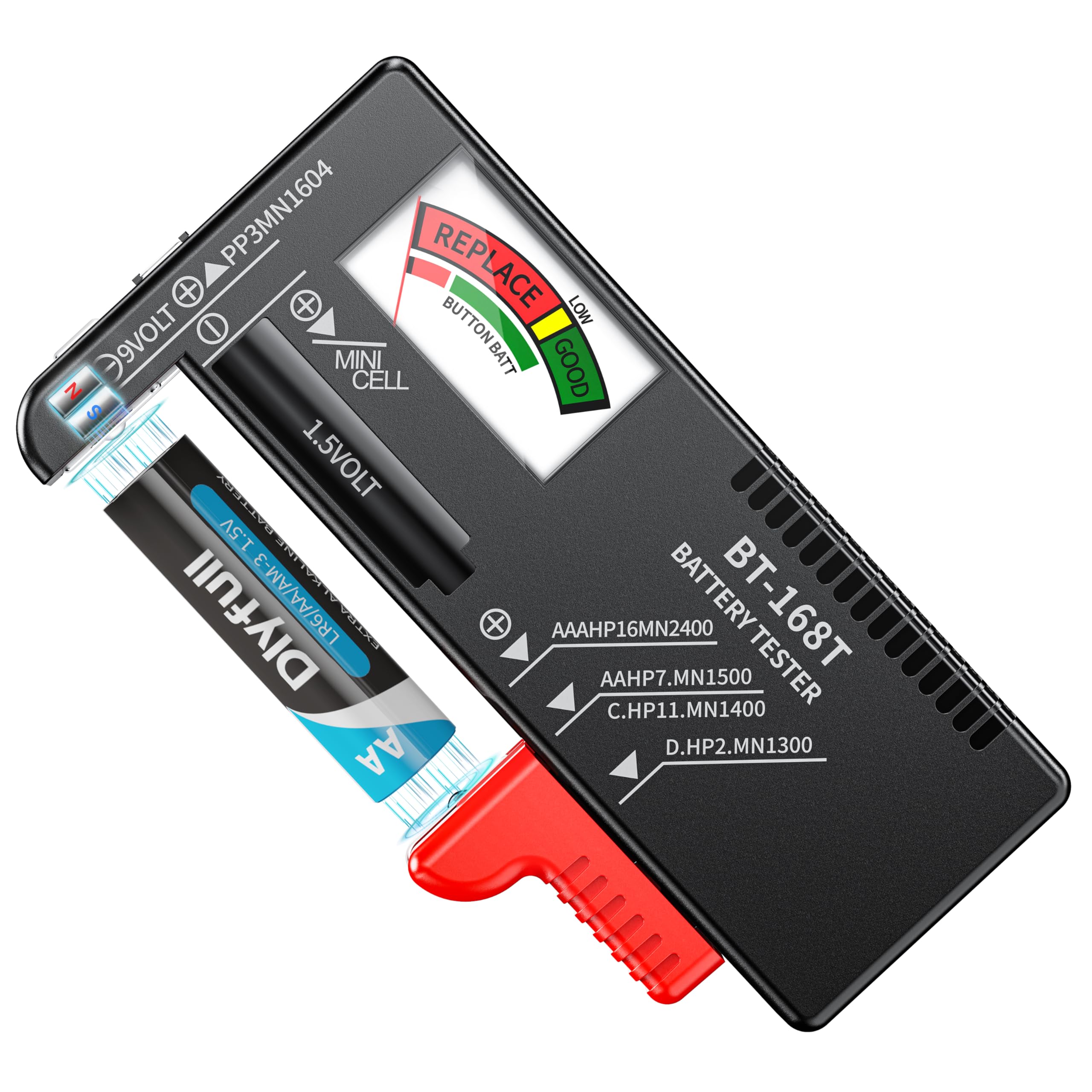 Dlyfull Batterietester Pro mit Magnet-Halterung gegen Herausfallen – Batterie Tester für AA, AAA, C, D, 9V & 1.5V Knopfzellen – Präzises Batterieprüfgerät ohne Strom Angebot bei HelloDeals