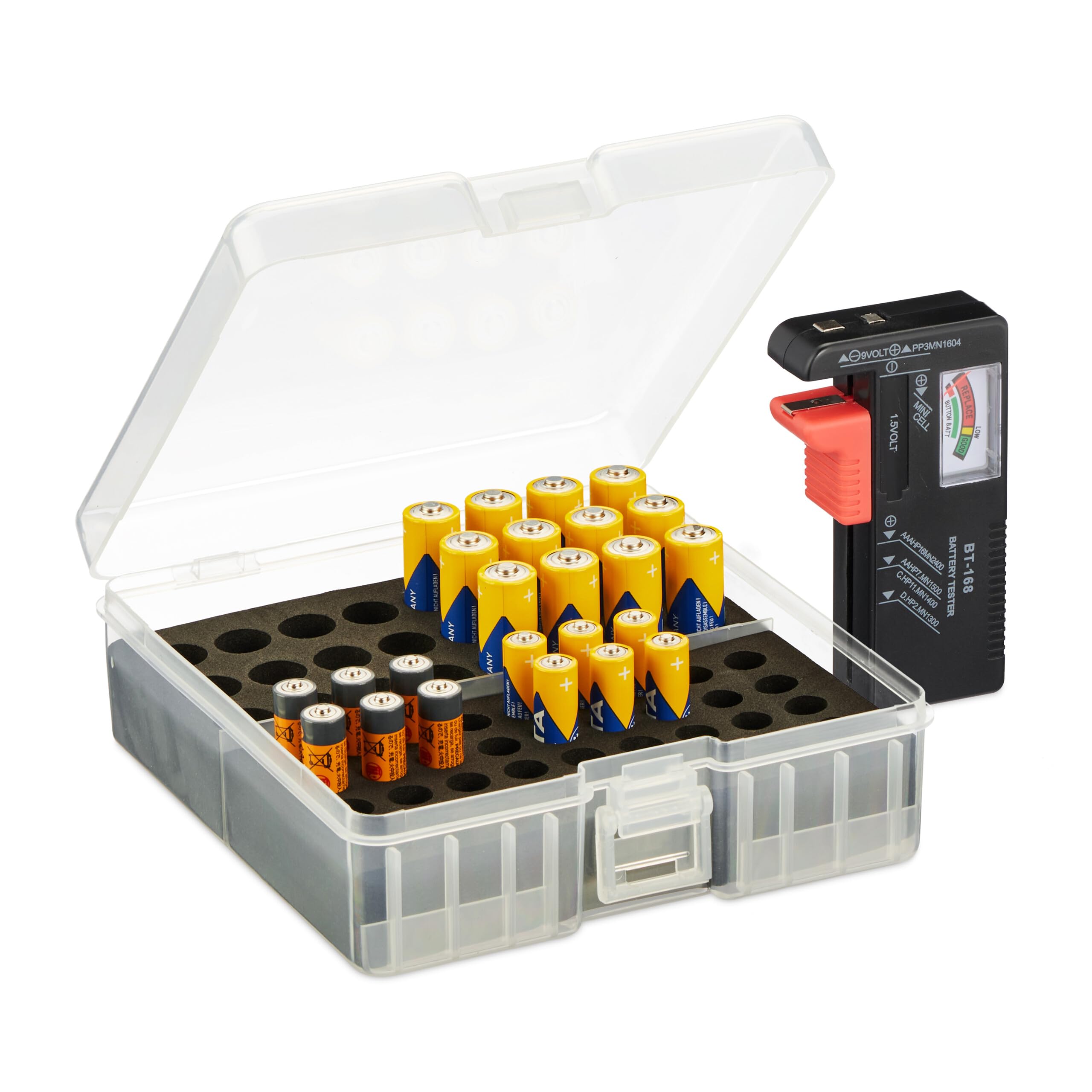 Relaxdays Batteriebox mit Tester, für 60 AA & AAA Batterien, HBT: 5,5 x 15 x 15,5 cm, Batteriekiste, transparent/schwarz Angebot bei HelloDeals