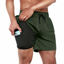 ineepor Herren Badehose mit Kompression 2in1 Board Shorts mit Reißverschlusstasche kurz Grau XS-5XL L Armeegrün Angebot bei HelloDeals