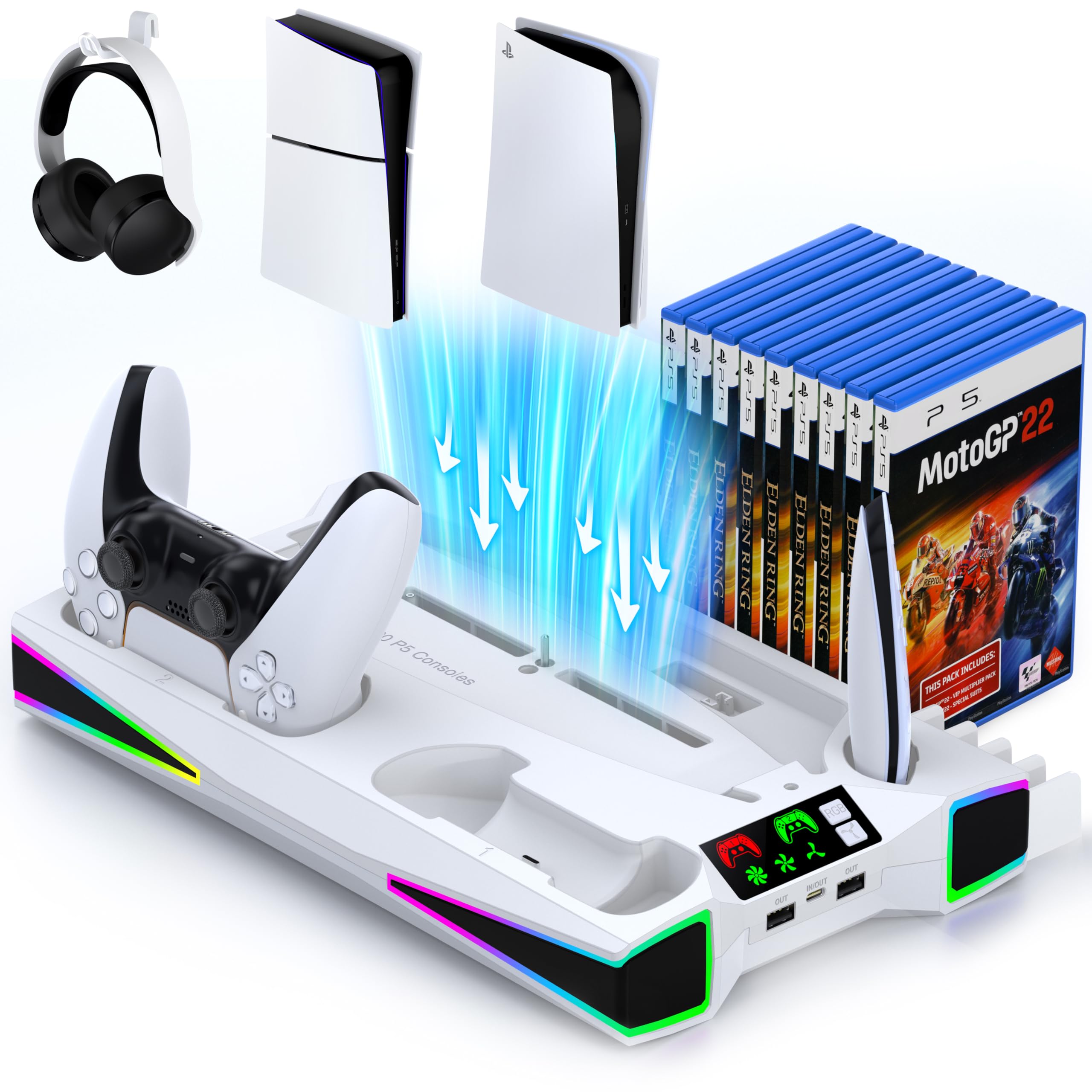 Standfuß für PS5 Pro/PS5/PS5 Slim,5200RPM Kühler Lüfter Starker Wind und Schnelle Wärmeableitung,RGB Ständer für Playstation 5 Pro mit Ladestation/Headset Halter/15 Spiele Aufbewahrung für PS5 Zubehör Weiß Angebot bei HelloDeals