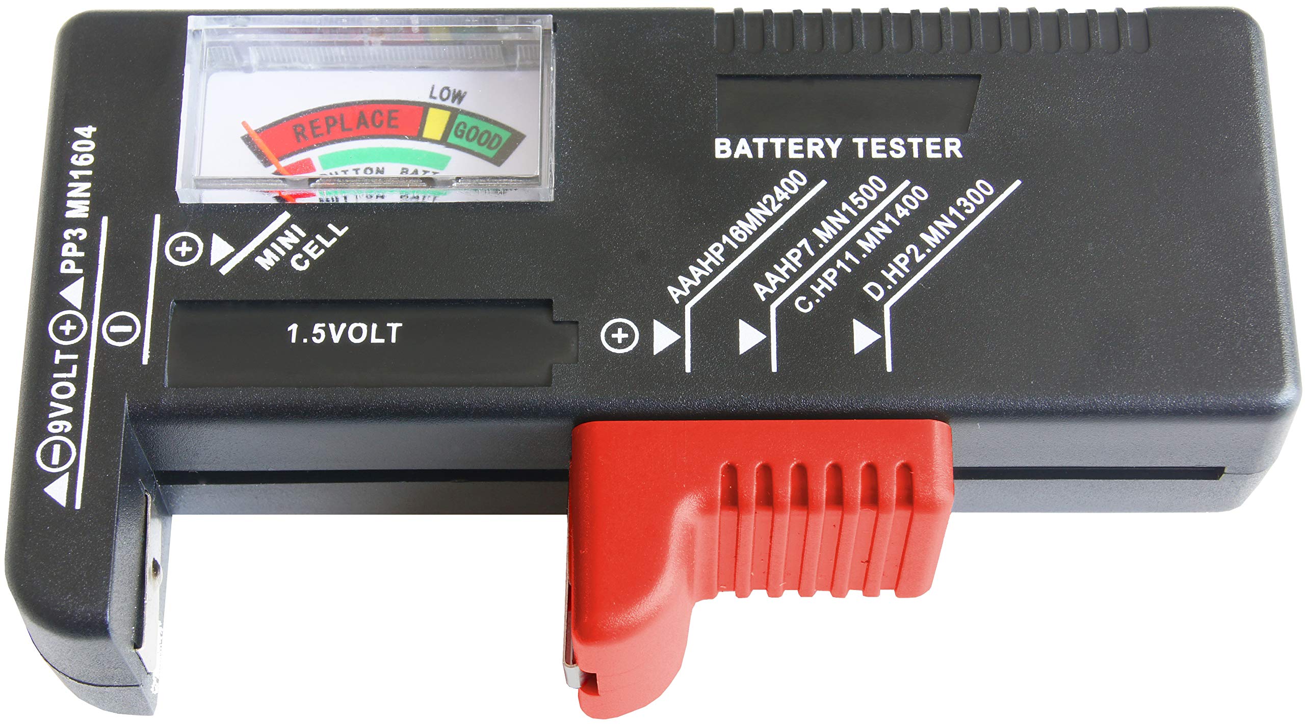Batterietester - Mit analoger Anzeige - Zum Prüfen des Ladezustands - Ideal für AAA, AA, C, D (1,5 Volt & 9 Volt) - Einfache Bedienung/Batterie-Prüfgerät/Messgerät/B29821, Schwarz Rot Angebot bei HelloDeals