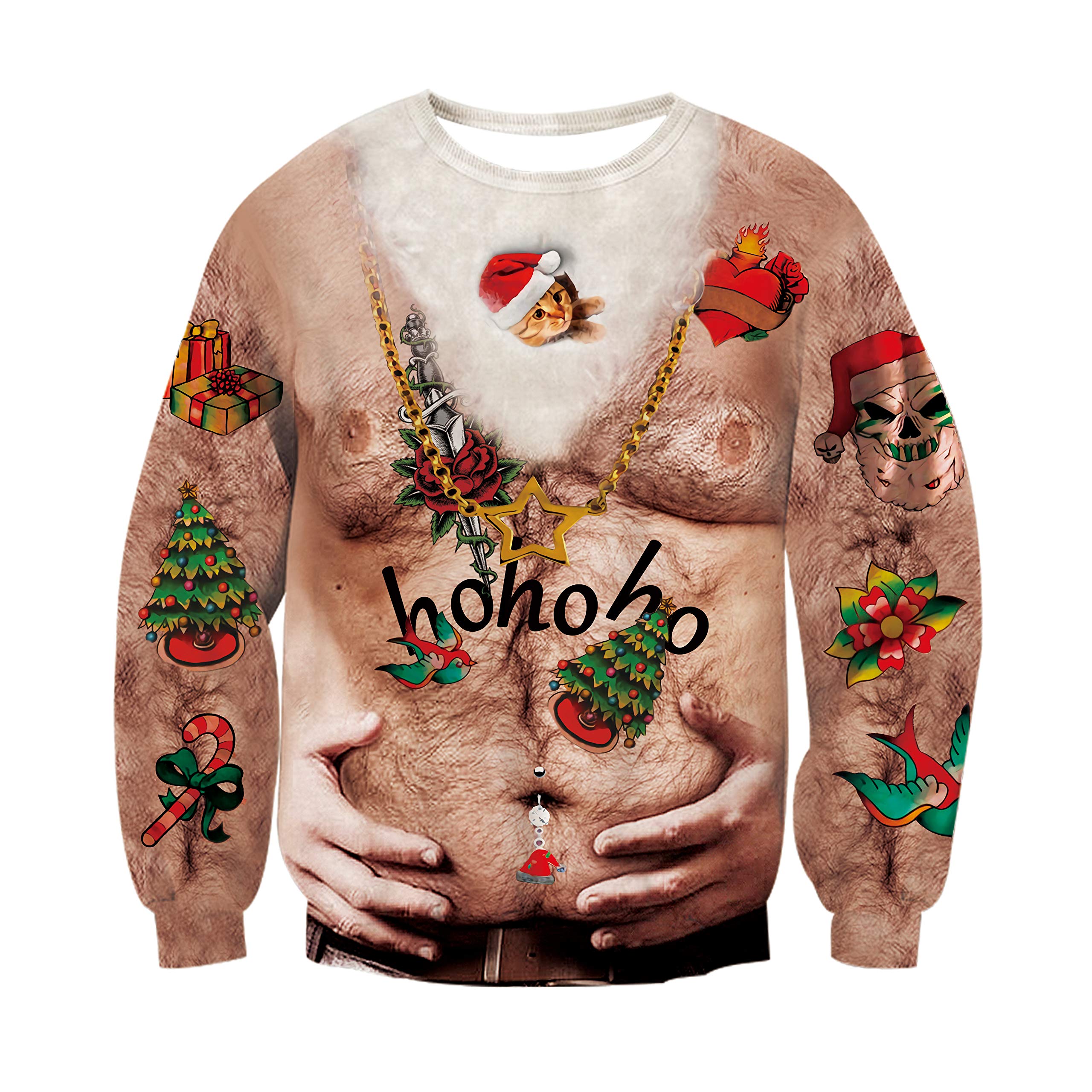 RAISEVERN Weihnachtspullover Hässliche Herren Christmas Sweater Männer 3D Coole Druck Lustige Damen Weihnachtspulli Party Geschenk, S-XXL Chest Hair 1 XL Angebot bei HelloDeals