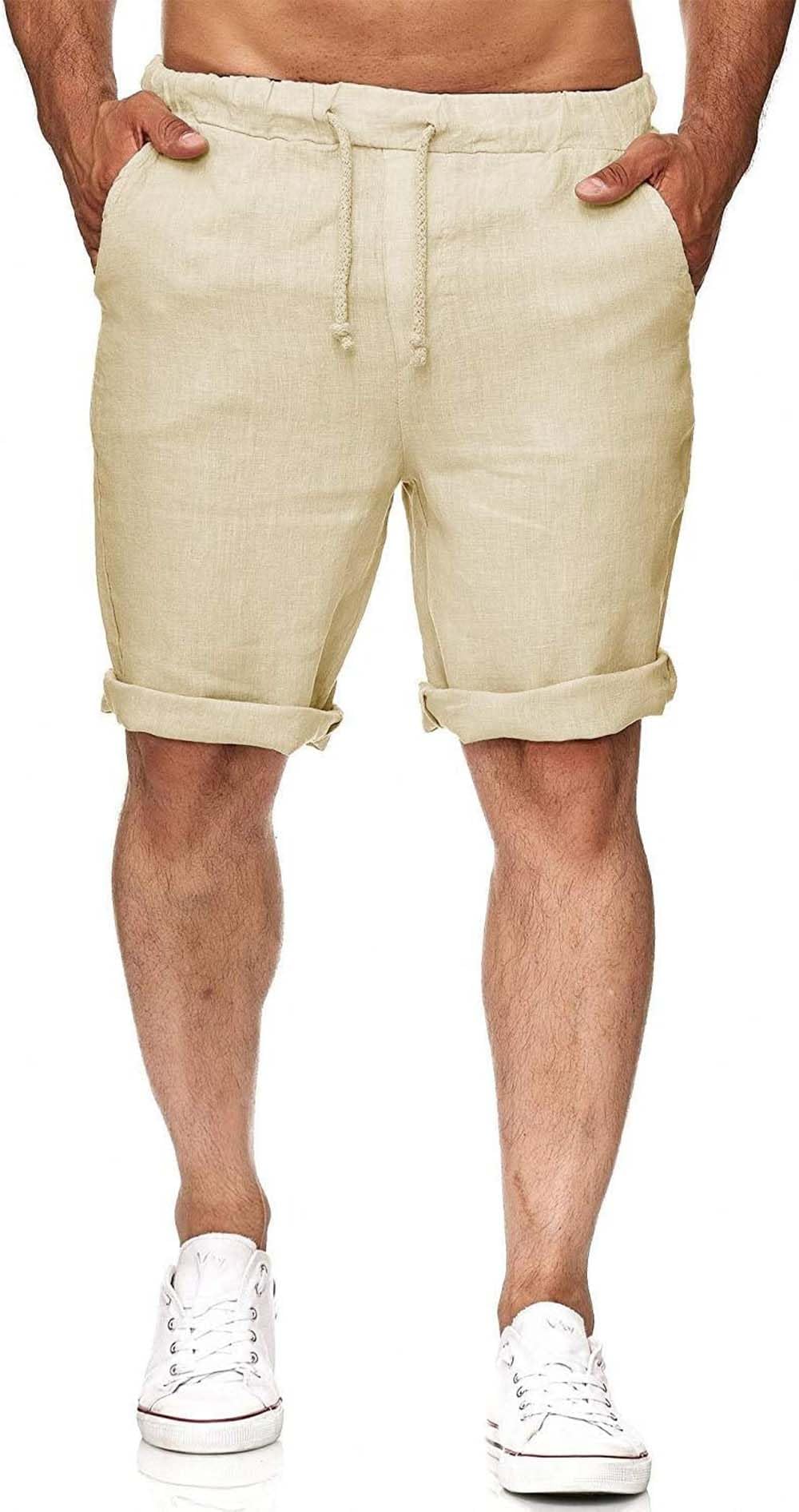 Runcati Herren Leinen Shorts Bermuda Kurz Hose Leicht Sommershorts Gummizug Freizeithose mit 2 Taschen XL Beige Angebot bei HelloDeals