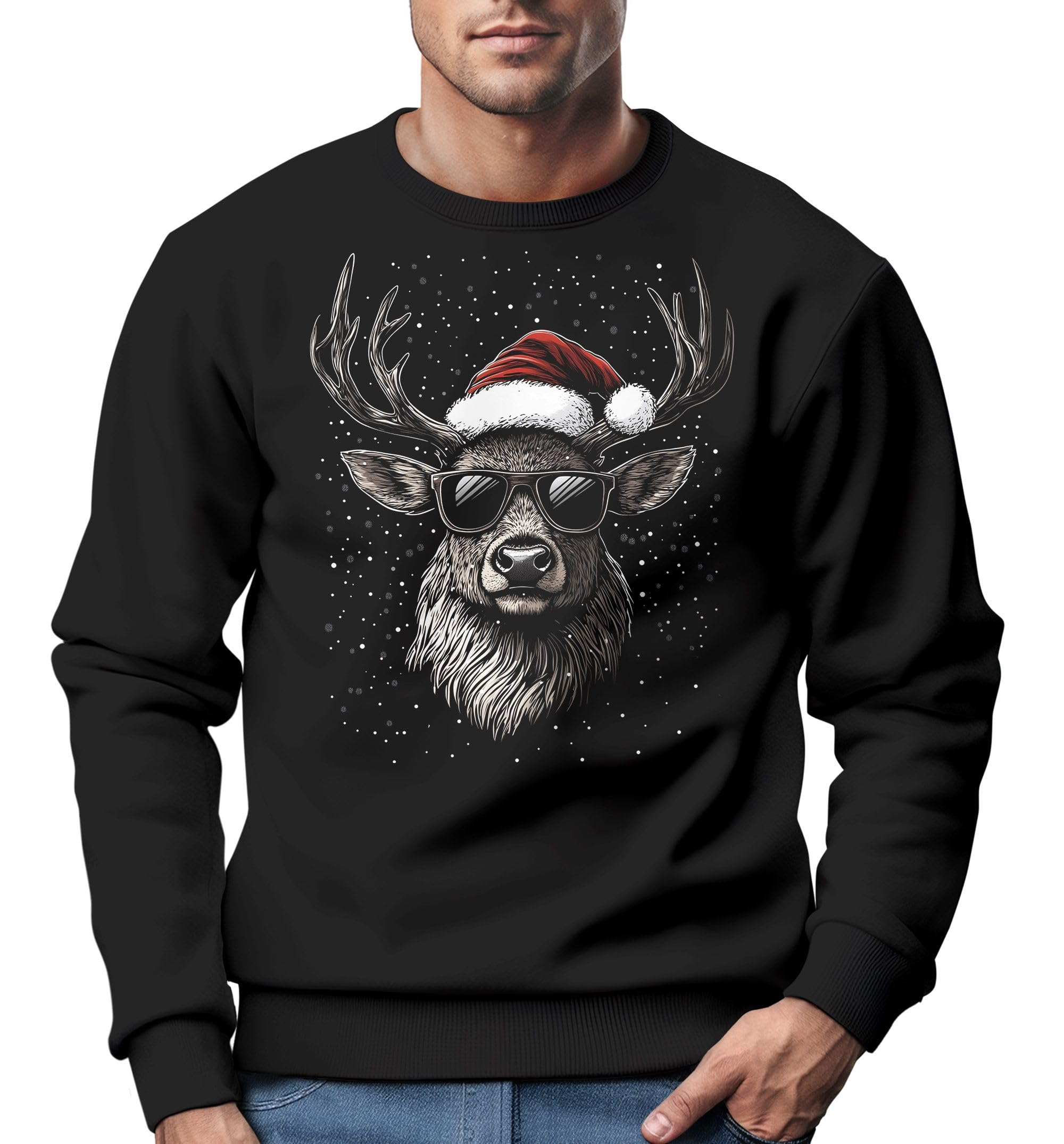 MoonWorks® Sweatshirt Herren Weihnachtspullover Rentier Hirsch mit Weihnachtsmütze Schriftzug Merry Christmas Xmas XL Hirsch Weihnachten Schwarz Angebot bei HelloDeals