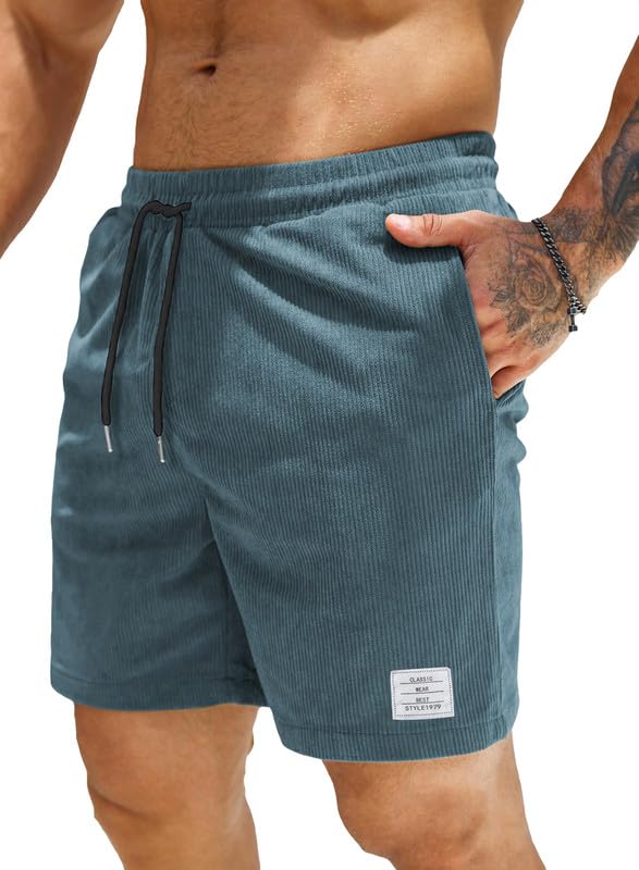 JMIERR Corduroy Shorts Herren Sommer Freizeit Leinen Stretch Baumwolle Elastische Taille mit Taschen M B Blau Angebot bei HelloDeals