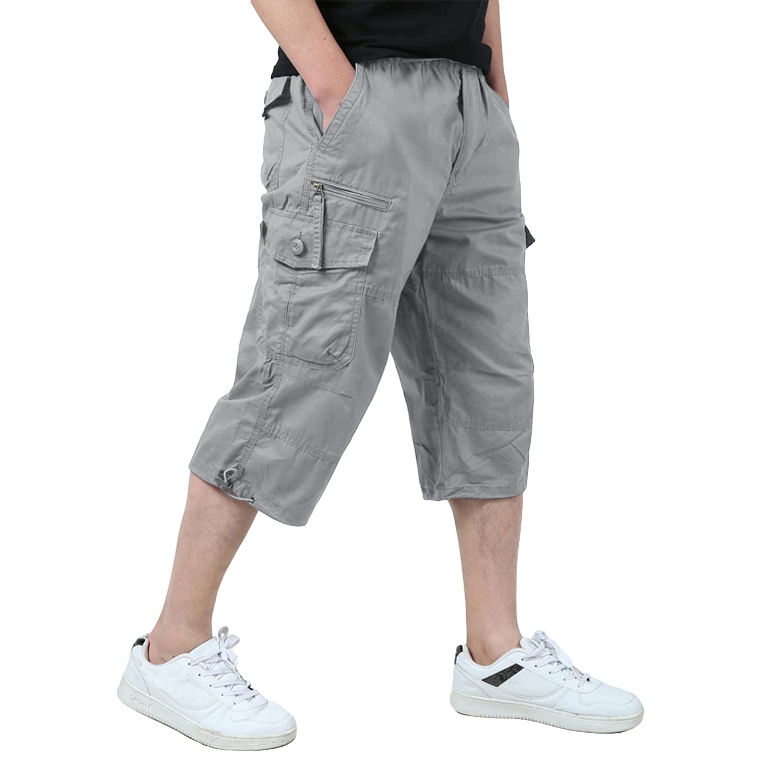 KEFITEVD 3/4 Hose Herren Cargo Shorts Männer Bermuda Shorts Multi Taschen Sommer Kurze Hose Baumwolle Arbeitshose Gummibund Lässig Hellgrau 38 Angebot bei HelloDeals