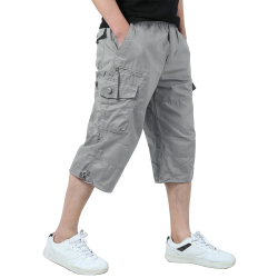 KEFITEVD 3/4 Hose Herren Cargo Shorts Männer Bermuda Shorts Multi Taschen Sommer Kurze Hose Baumwolle Arbeitshose Gummibund Lässig Hellgrau 38 Angebot bei HelloDeals