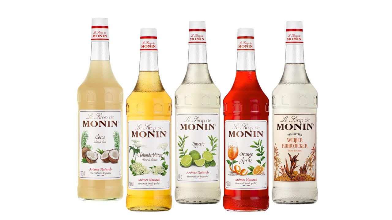 Monin Probierpaket Bar Cocktail 5 x 1 l Sirup Set für Cocktails Kuchen Smoothies mit Holunderblüte - Kokosnuss - Limette - Orange und Rohrzucker Angebot bei HelloDeals