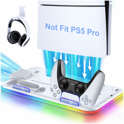 Standfuß für PS5/ PS5 Slim mit Lüfter und Controller Ladestation, Kühler Ständer RGB Licht für PS5 Halterung mit USB Ports/Headset Halter/Aufbewahrung für PS5 Zubehör, Weiß Angebot bei HelloDeals