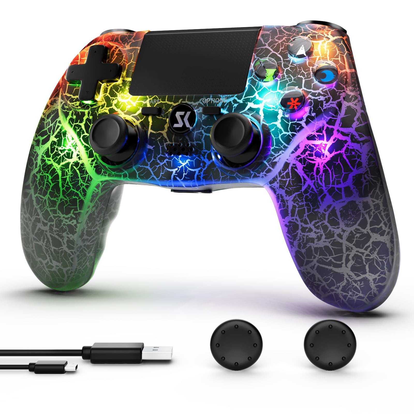 CHENGDAO Kabelloser Controller für PS4, LED Controller für PlayStation 4 mit einstellbarer RGB-Hintergrundbeleuchtung, 1000-mAh-Akku, 6-Achsen-Dual-Shock-Bewegungssensor, 3,5-mm-Kopfhöreranschluss Schwarz Angebot bei HelloDeals