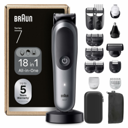 Braun All-in-One Series 7, 18-in-1 Multigroom, Barttrimmer, Nasenhaartrimmer, Haarschneidemaschine für Gesicht, Kopf und Körper, 120 Min Akku, 14 Längen (3–21 mm), Wasserdicht, AIO7585, Grau Angebot bei HelloDeals