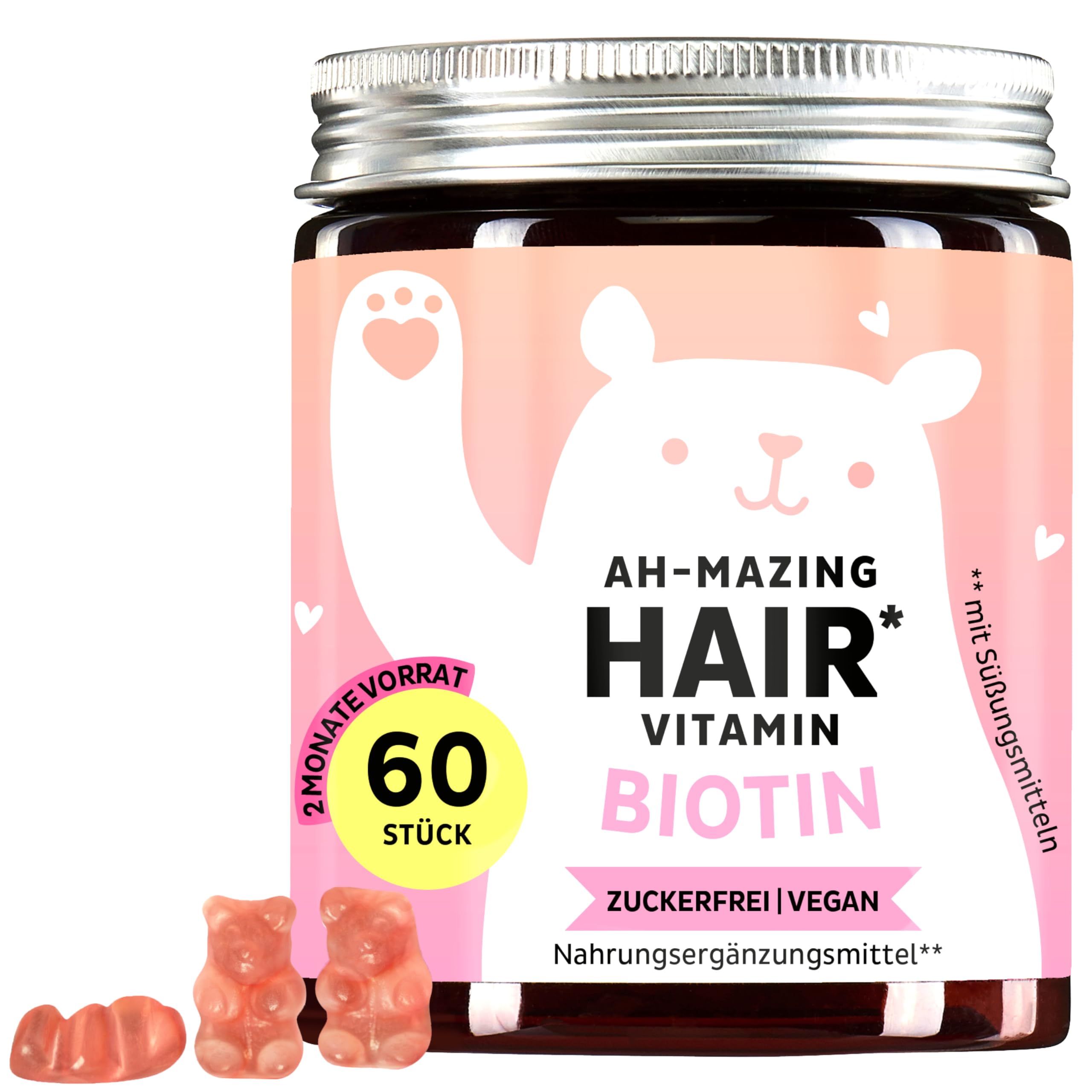 Biotin-Gummibärchen Ah-mazing Hair - Vitamine für Haare, Haut und Nägel – 5000µg Biotin, Zink, Vitamin C, E & Jod – 60 Stück (2-Monatsvorrat), Vegan, Zuckerfrei, Bears with Benefits 60 stück (1er Pack) Angebot bei HelloDeals