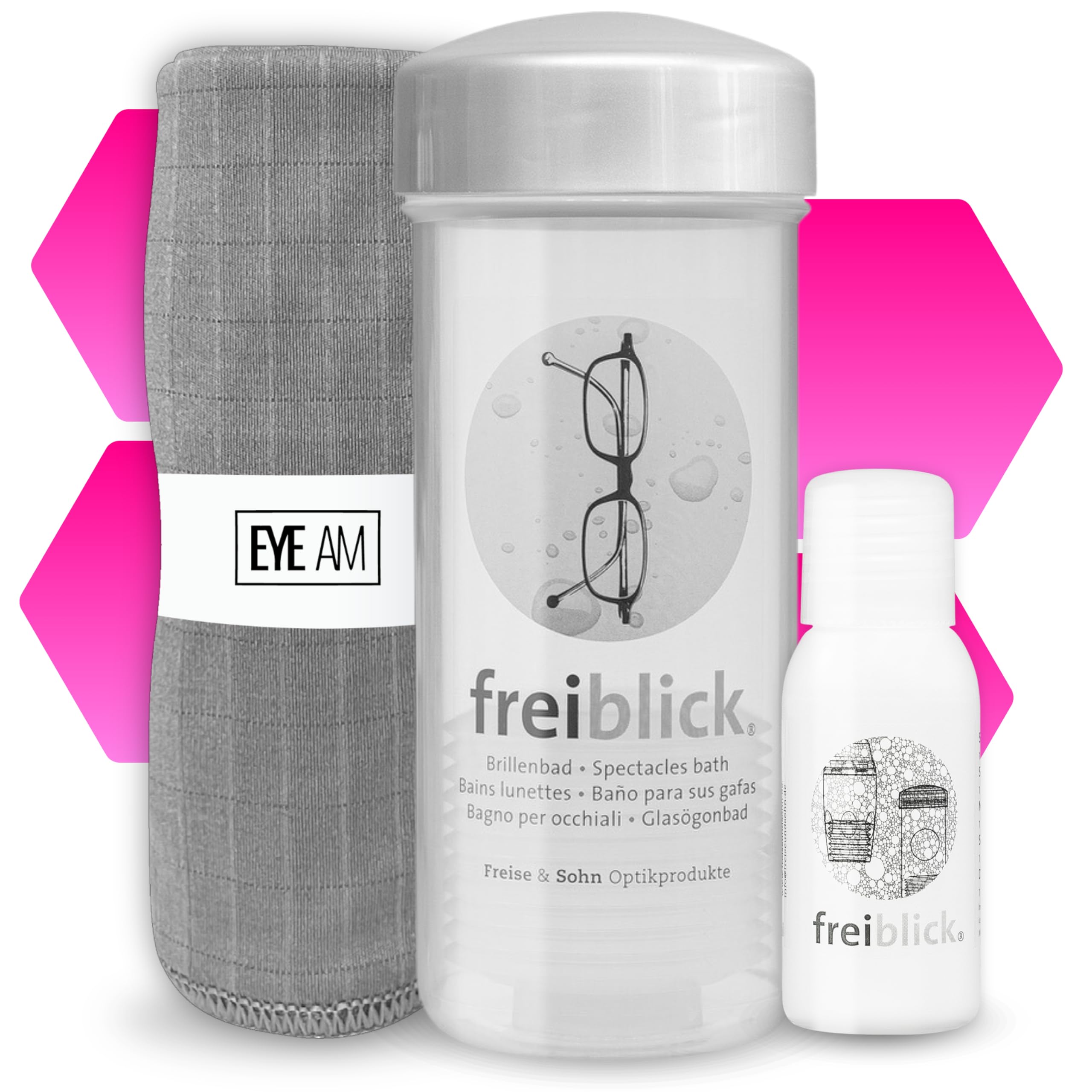 Freiblick Brillenbad (Grau) im Set mit 50ml Spezialreiniger und Mikrofasertuch | Brillenputztuch in Optiker Qualität | Brillenreinigung für jede Brille Angebot bei HelloDeals