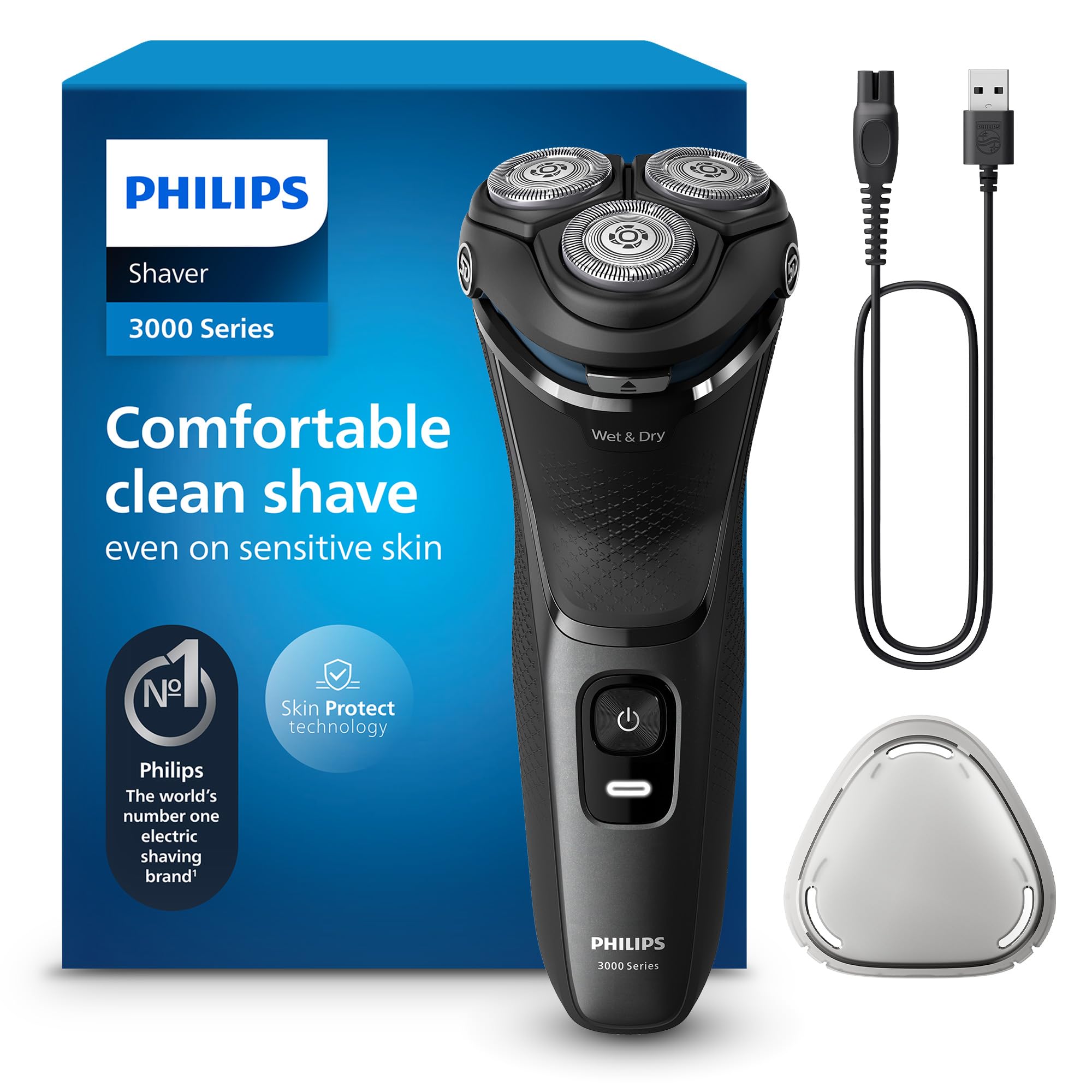 PHILIPS Shaver Series 3000 – Elektrischer Nass- und Trockenrasierer für Männer, mit SkinProtect-Technologie, in Anthrazit, mit ausklappbarem Bartschneider, kabellos (Modell S3145/00) schwarz Angebot bei HelloDeals