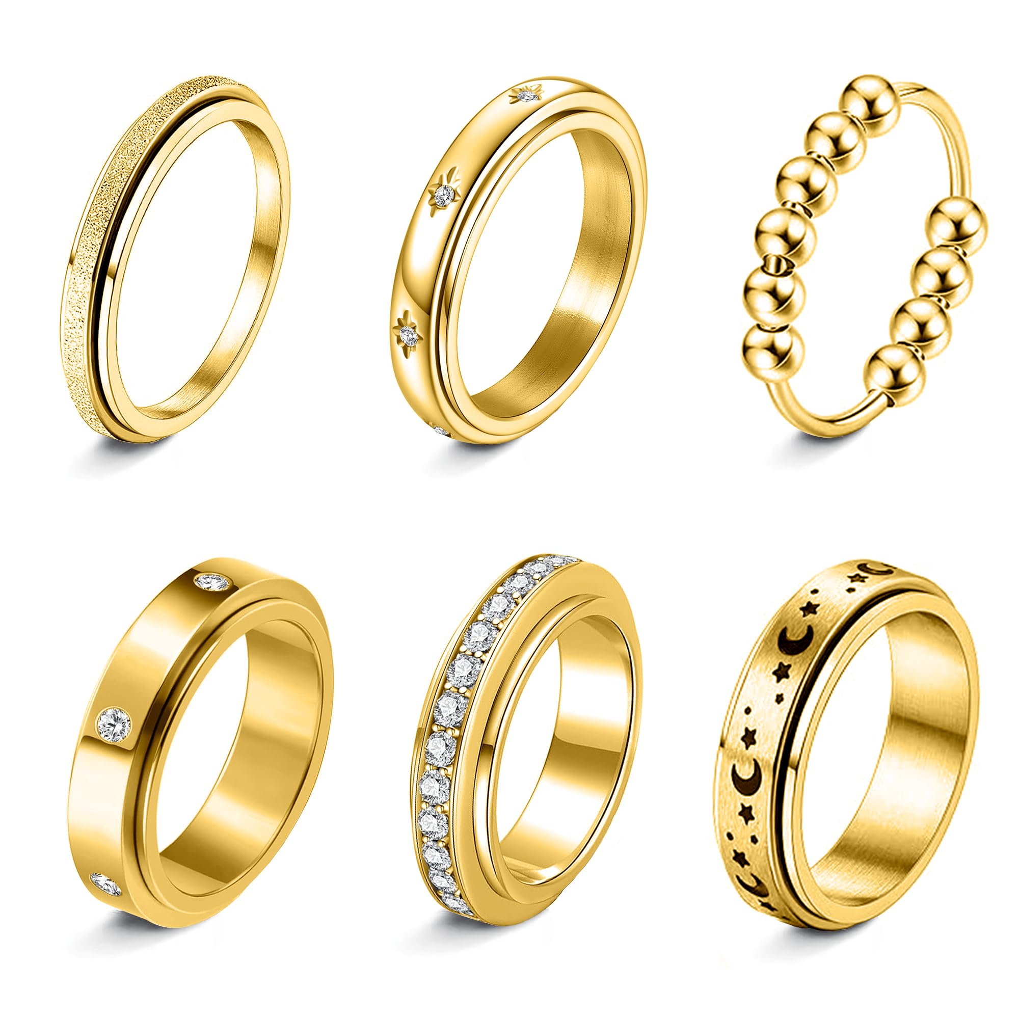 6 Stück Anti-Angst Spinner Ringe Fidget Band Ring für Stress Angstlinderung für Damen Herren Edelstahl Roller Anti-Stress Ringe Set Coole Anxiety Band Ring CZ Mond&Stern Gold Silber CZ-Gold 10 Angebot bei HelloDeals