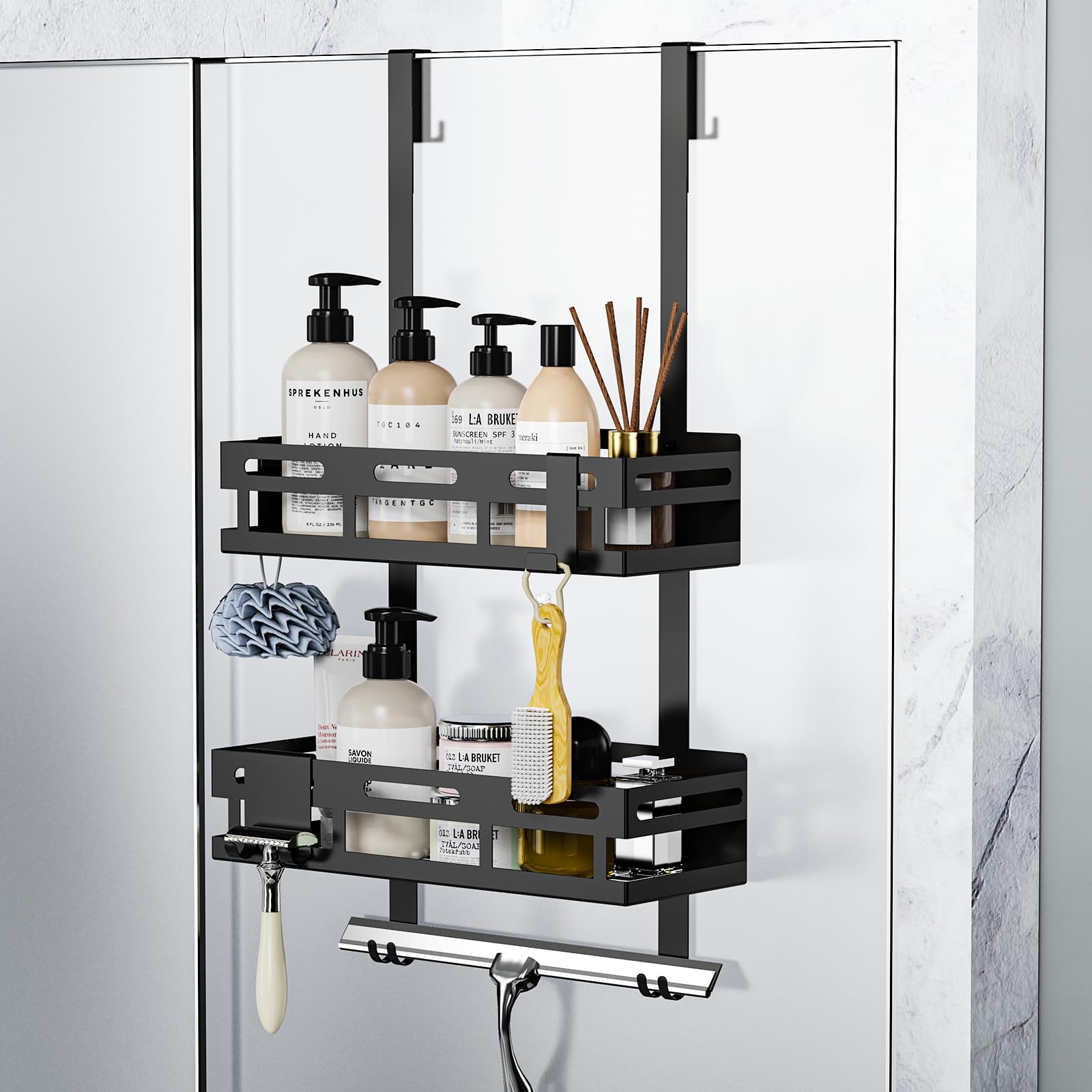 Duschablage 0hne Bohren Schwarz, Duschablage zum Hängen für Glasduschtüren, Duschregal zum Hängen mit 2 Duschkorb, 4 Festen Haken, 1 Glaswischerhaken und 2 Beweglichen Haken Ausgestattet Montiert Angebot bei HelloDeals