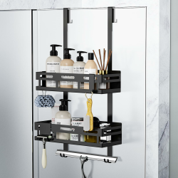 Duschablage 0hne Bohren Schwarz, Duschablage zum Hängen für Glasduschtüren, Duschregal zum Hängen mit 2 Duschkorb, 4 Festen Haken, 1 Glaswischerhaken und 2 Beweglichen Haken Ausgestattet Montiert Angebot bei HelloDeals