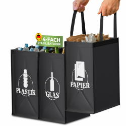 Mülltrennsystem 3fach Plastik, Glas, Papier | Stabiler Stand 4 x Stabilisatoren | Perfekt als Mülltrenner, Pfandflaschen Aufbewahrung, Recycling Behälter, Altpapier Sammler | Schwarz Angebot bei HelloDeals