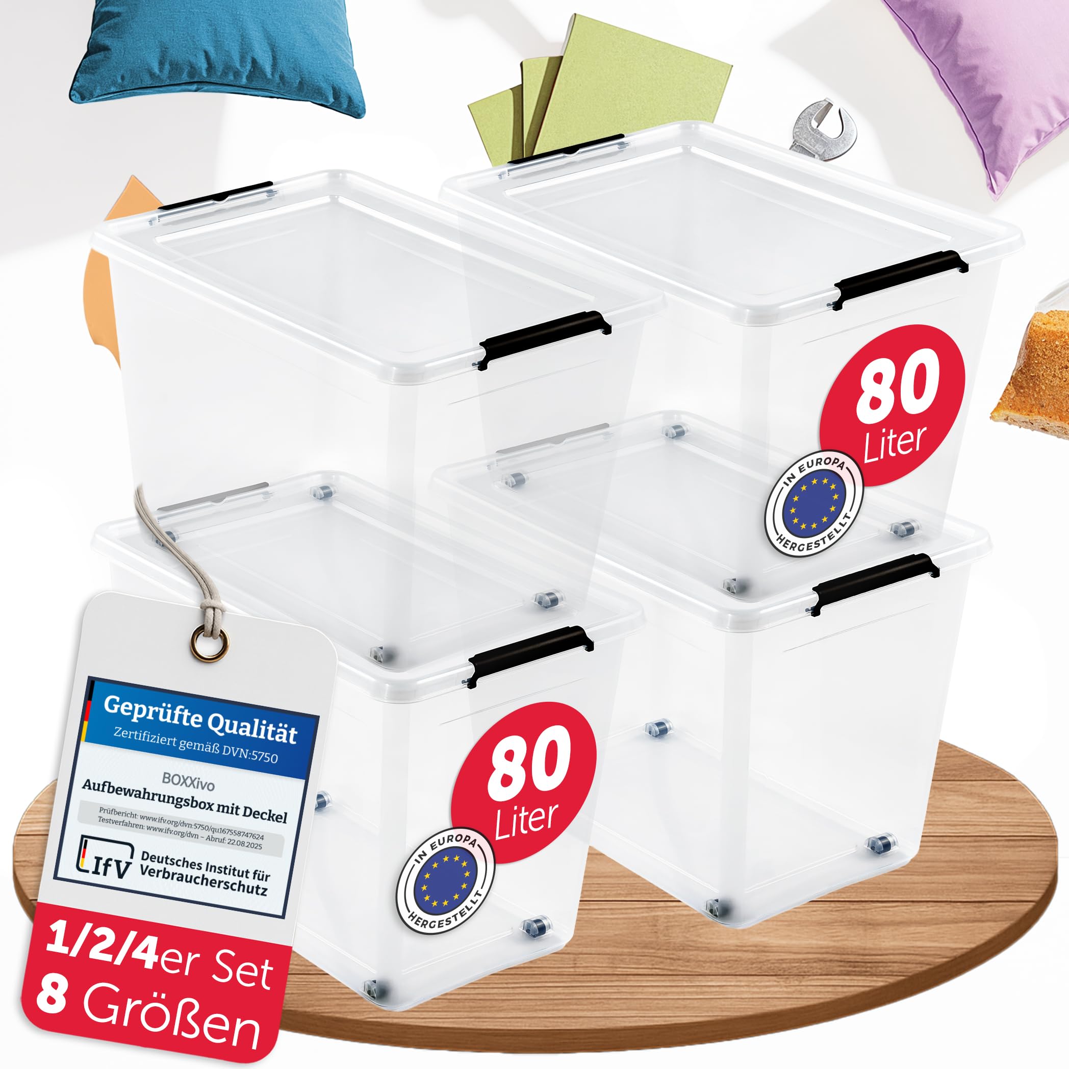 Aufbewahrungsboxen mit Deckel 80l im 4er Set - BPA-freie & lebensmittelechte Boxen Aufbewahrung - Kisten Aufbewahrung mit Deckel - stapelbare & robuste Aufbewahrungsboxen - Stapelbox 80 Liter 4er Set Angebot bei HelloDeals