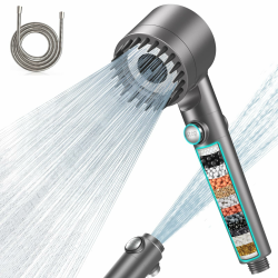 MEKO Duschkopf mit Filter in 15 Schichten, Hochdruck Handbrause mit 1,5 M Schlauch, 3+1 Strahlarten, Shower Head für Entfernen vom harten Wasser, Rest-Chlor, Bakterien und Schwermetall, Grau Angebot bei HelloDeals