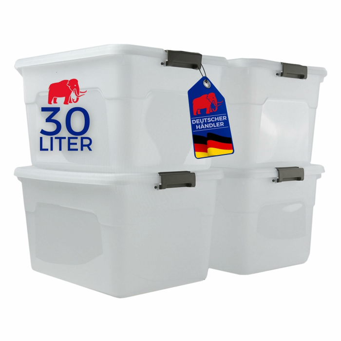 PROREGAL Aufbewahrungsbox mit Deckel 30L im 4er Set, Klein, Plastikbox transparent stapelbar, Kunststoffbox Verschlussclips, Stapelbox Kunststoff, Aufbewahrungsbehälter für Küche Haushalt Keller Büro 4er Set - 30 Liter Transparent Angebot bei HelloDeals