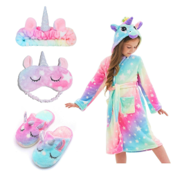 Weicher Einhorn-Bademantel mit Kapuze für Mädchen mit Einhorn-Pantoffeln, Augenbinde und Stirnband - Geschenke für Mädchen 8-9 Jahre Rötlich Angebot bei HelloDeals