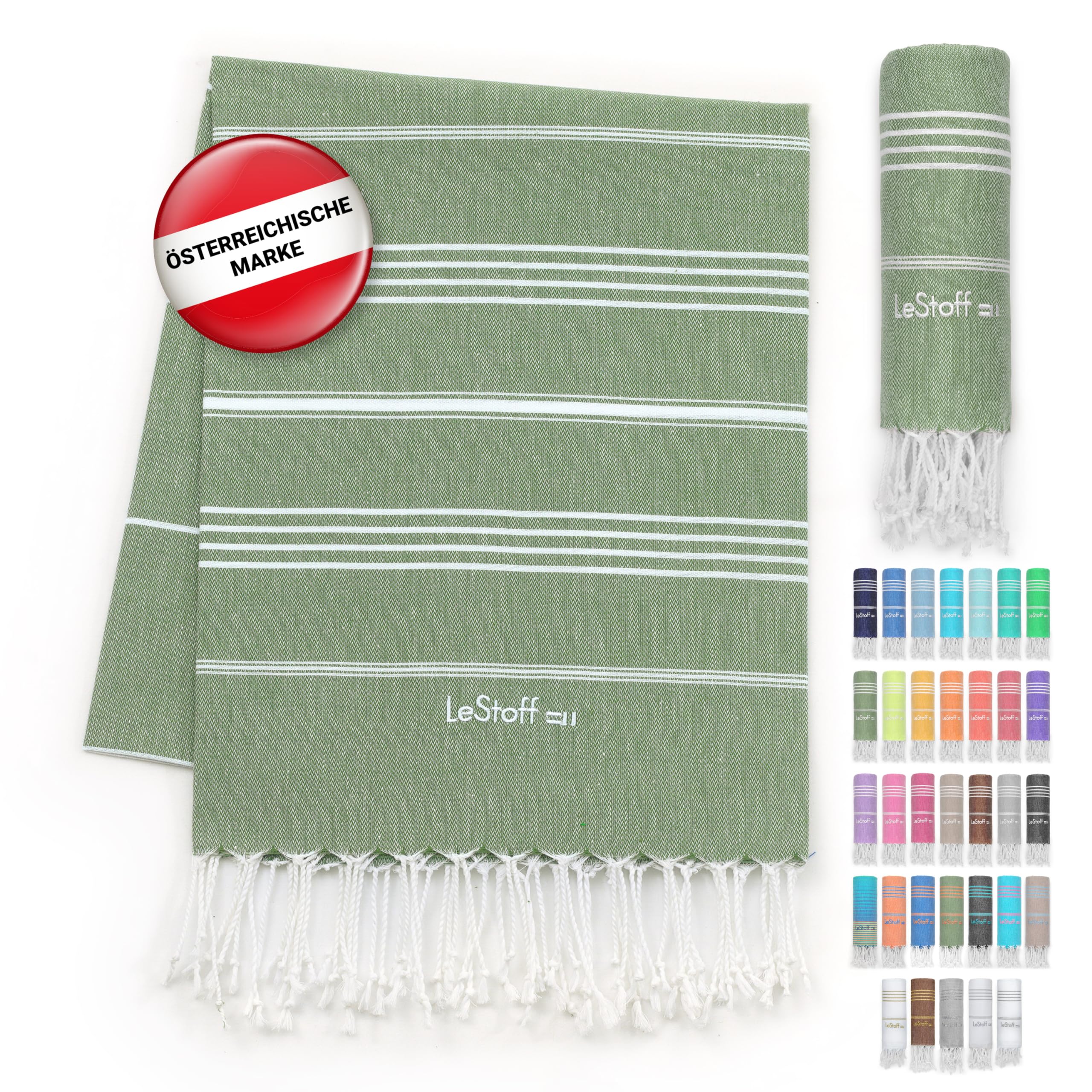 LeStoff Hamamtuch - 100% Bio-Baumwolle, 95 x 180 cm, Vorgewaschen, Saugstark, Schnelltrocknend, Leicht, Kompakt, Camping Handtuch, Reisehandtuch, Badetuch, Duschtuch, Badehandtuch groß (Olivgrün) 95 x 180 cm Olive Angebot bei HelloDeals