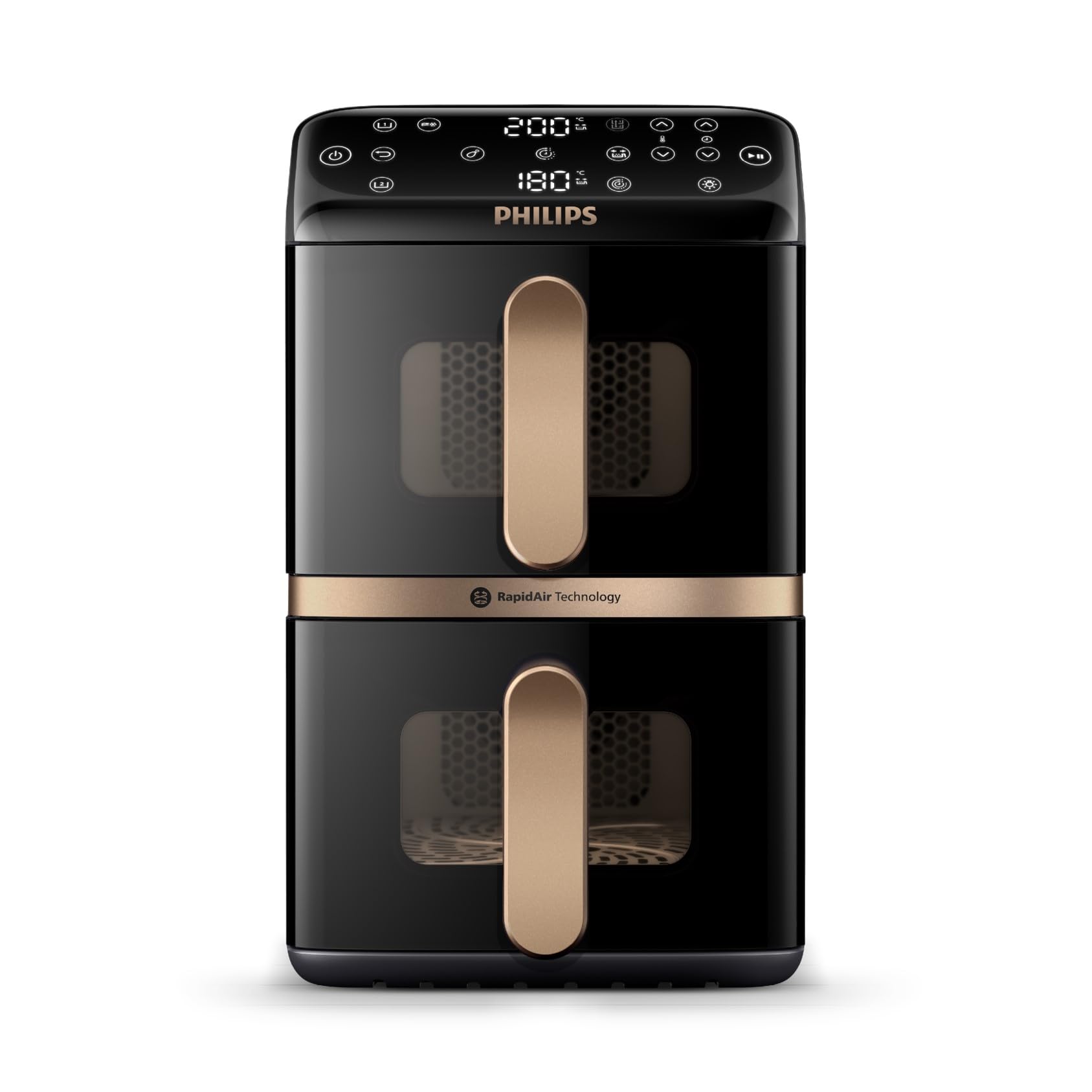 Philips Airfryer 4000 Series Stacked Dual Basket, Gestapelte Heißluftfritteuse mit 2 Körben, 10L, RapidAir Technologie, 45% weniger Platzbedarf, PFAS-freie Keramikbeschichtung, Sichtfenster (NA462/70) Angebot bei HelloDeals