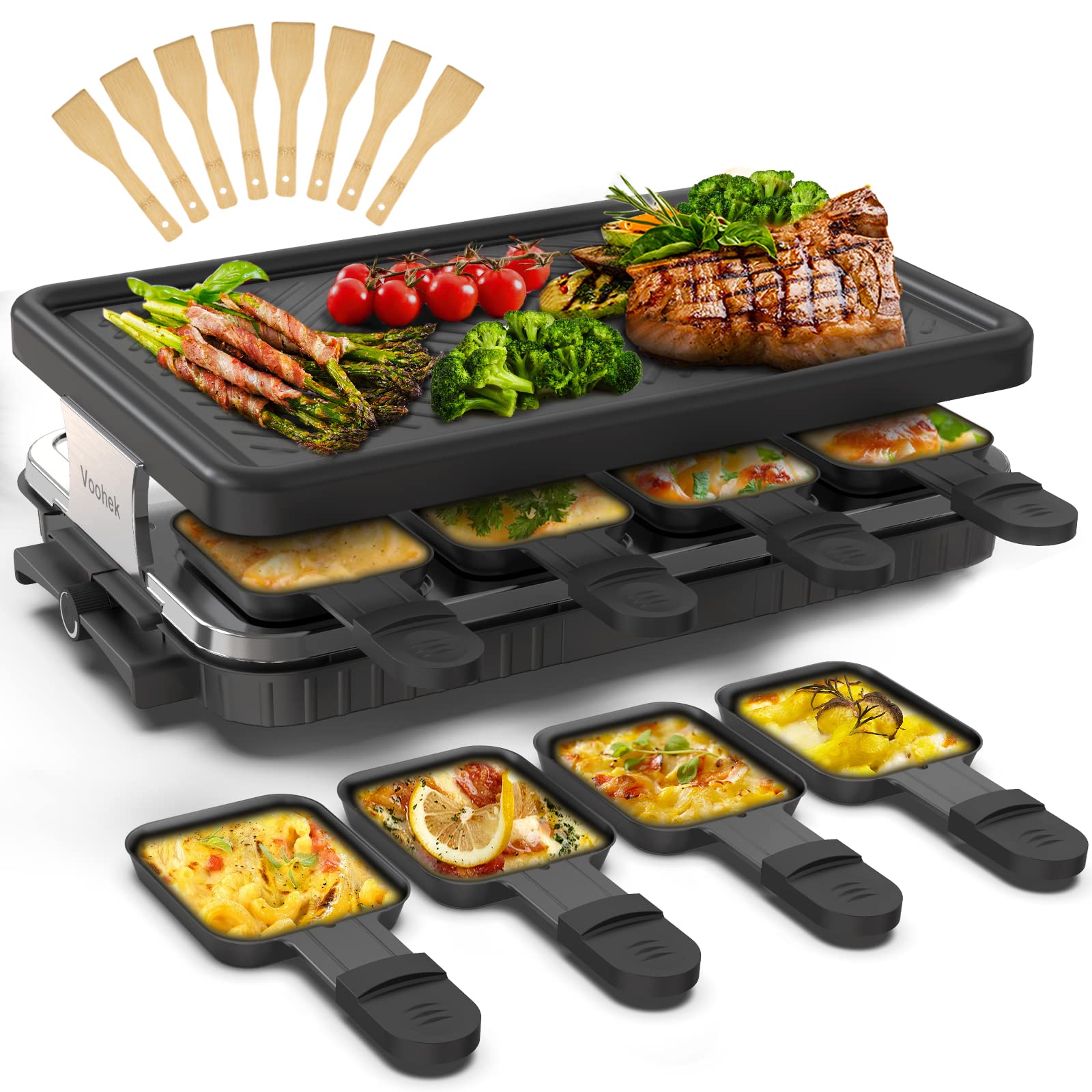 Raclette 8 Personen Raclette Grill und 8 Antihaft-Pfännchen Stufenlos regulierbar grillplatte elektrisch geeignet für 4 6 Personen Langlebig Edelstah 1300W Angebot bei HelloDeals