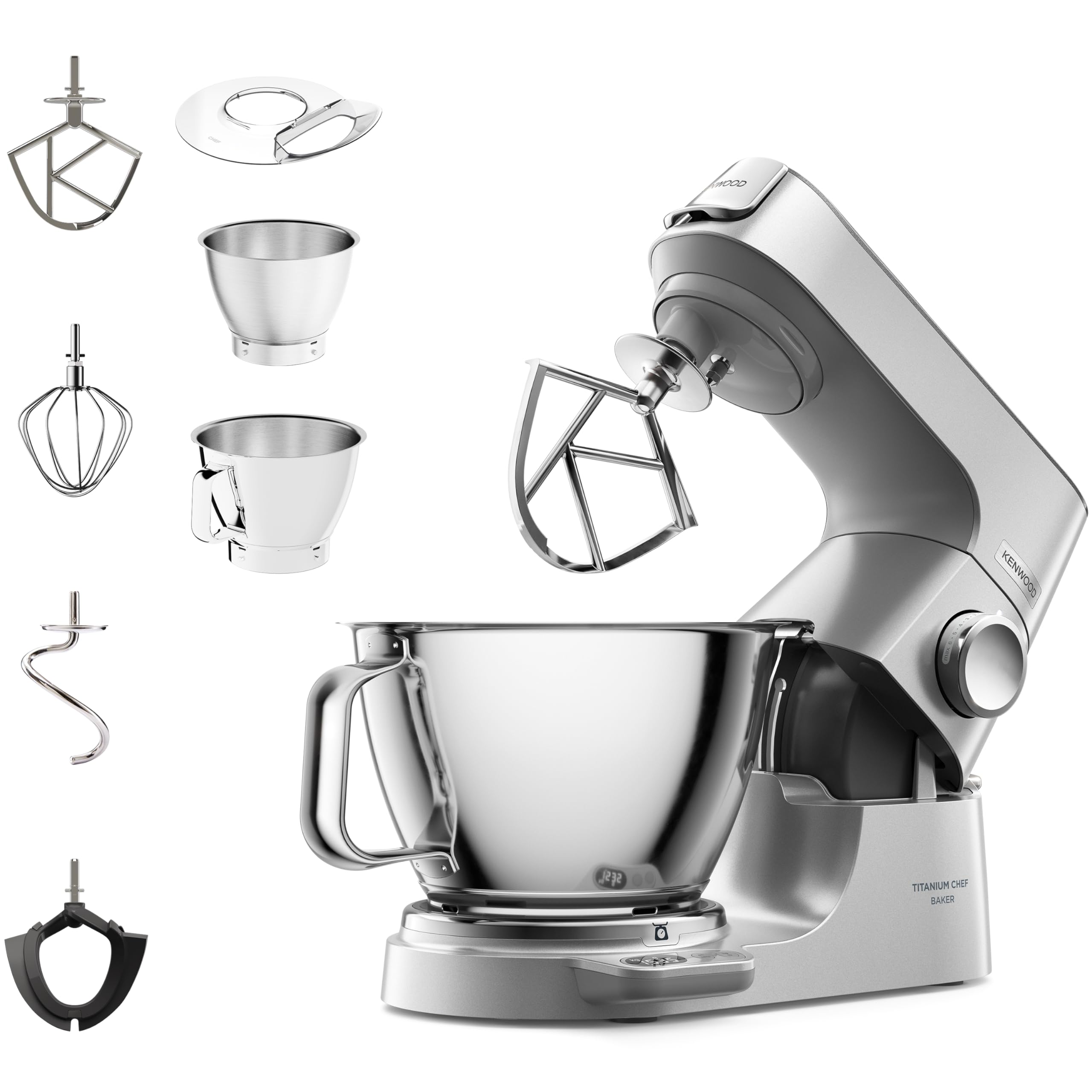 Kenwood Titanium Chef Baker KVC85.004SI Küchenmaschine mit integrierter Waage, inkl. 3-teiligem Patisserie-Set, 5 L und 3,5 L Rührschüssel, stufenloser Geschwindigkeitsregler, 1200 W, Silber 2 Schalen Angebot bei HelloDeals