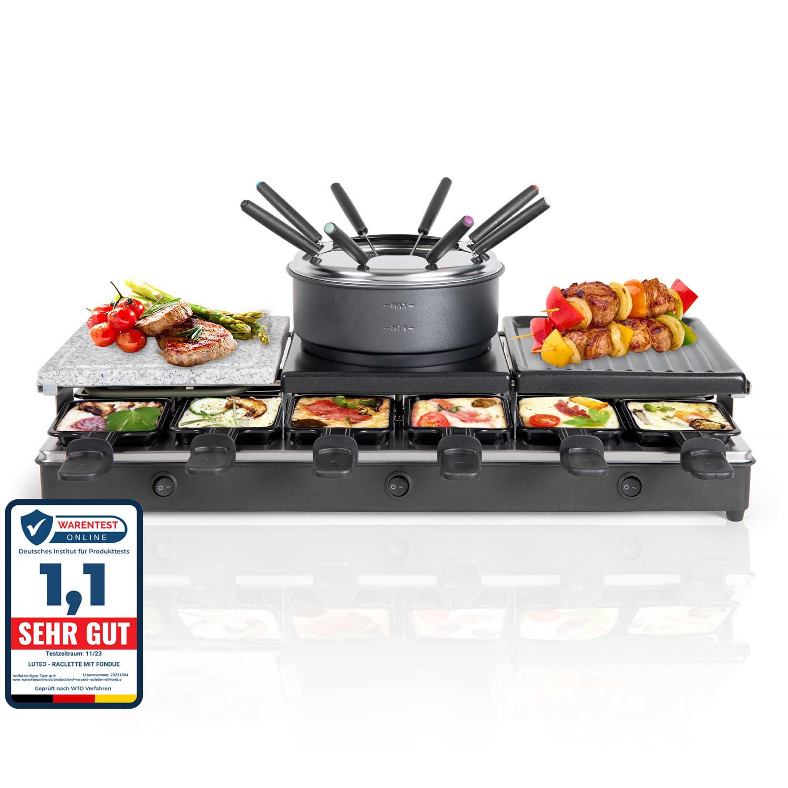 Raclette Fondue Kombi 12 Personen - Tischgrill Elektrisch mit Grillplatte und Heißer Stein - Elektrogrill Starke 1650 Watt - 12 Pfännchen Antihaftbeschichtung - 3in1 Party Grill mit Crepes Maker Angebot bei HelloDeals