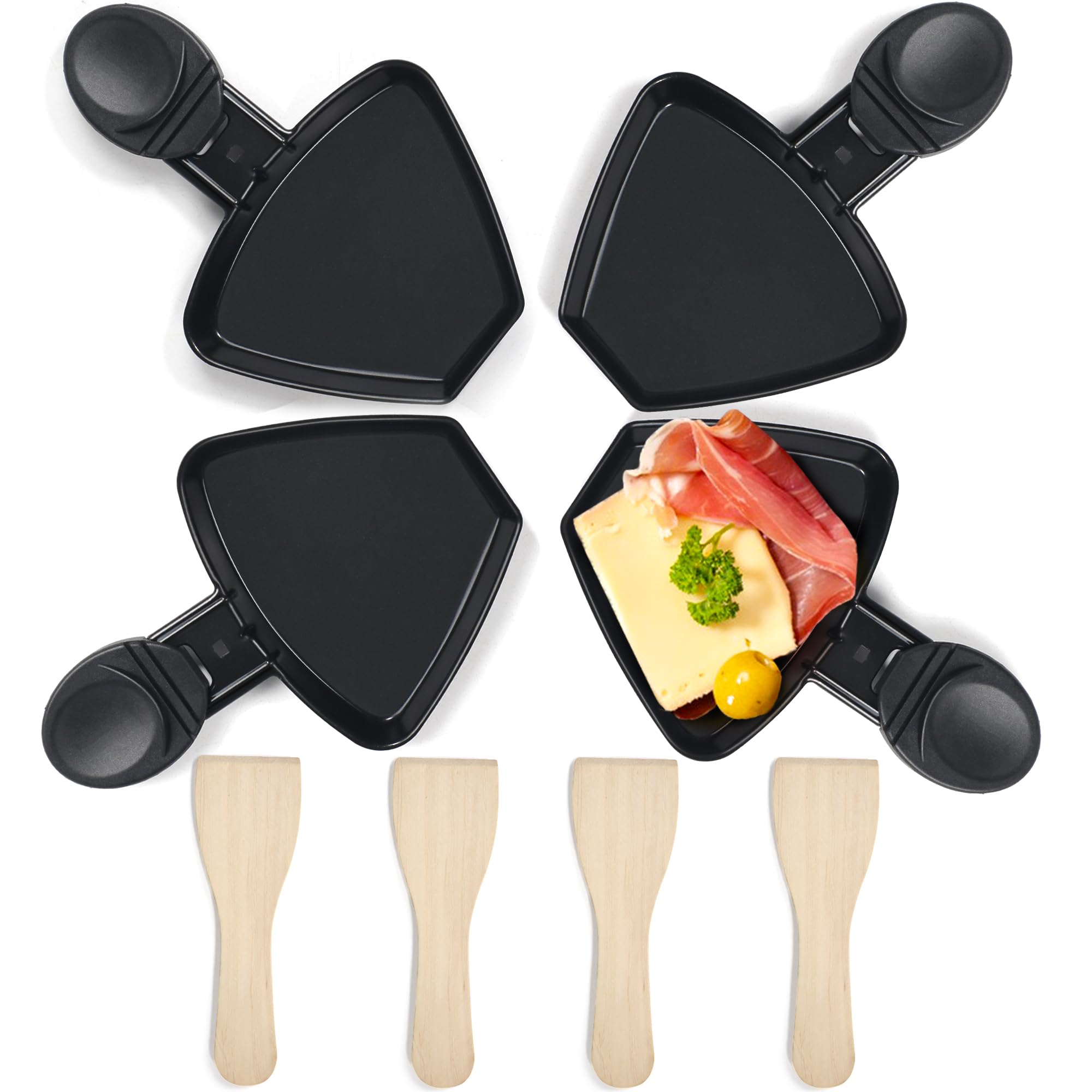 HengBO Raclette Pfännchen Set 4 Stück Mini Antihaftbeschichtet Raclette Pfännchen Ersatz mit 4 Holz Raclette Schaber für Bereitstellung von Raclette Käse Eiern Service (Schwarz） 4 fächerförmige Raclette-Pfännchen mit Spachteln Angebot bei HelloDeals