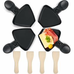 HengBO Raclette Pfännchen Set 4 Stück Mini Antihaftbeschichtet Raclette Pfännchen Ersatz mit 4 Holz Raclette Schaber für Bereitstellung von Raclette Käse Eiern Service (Schwarz） 4 fächerförmige Raclette-Pfännchen mit Spachteln Angebot bei HelloDeals