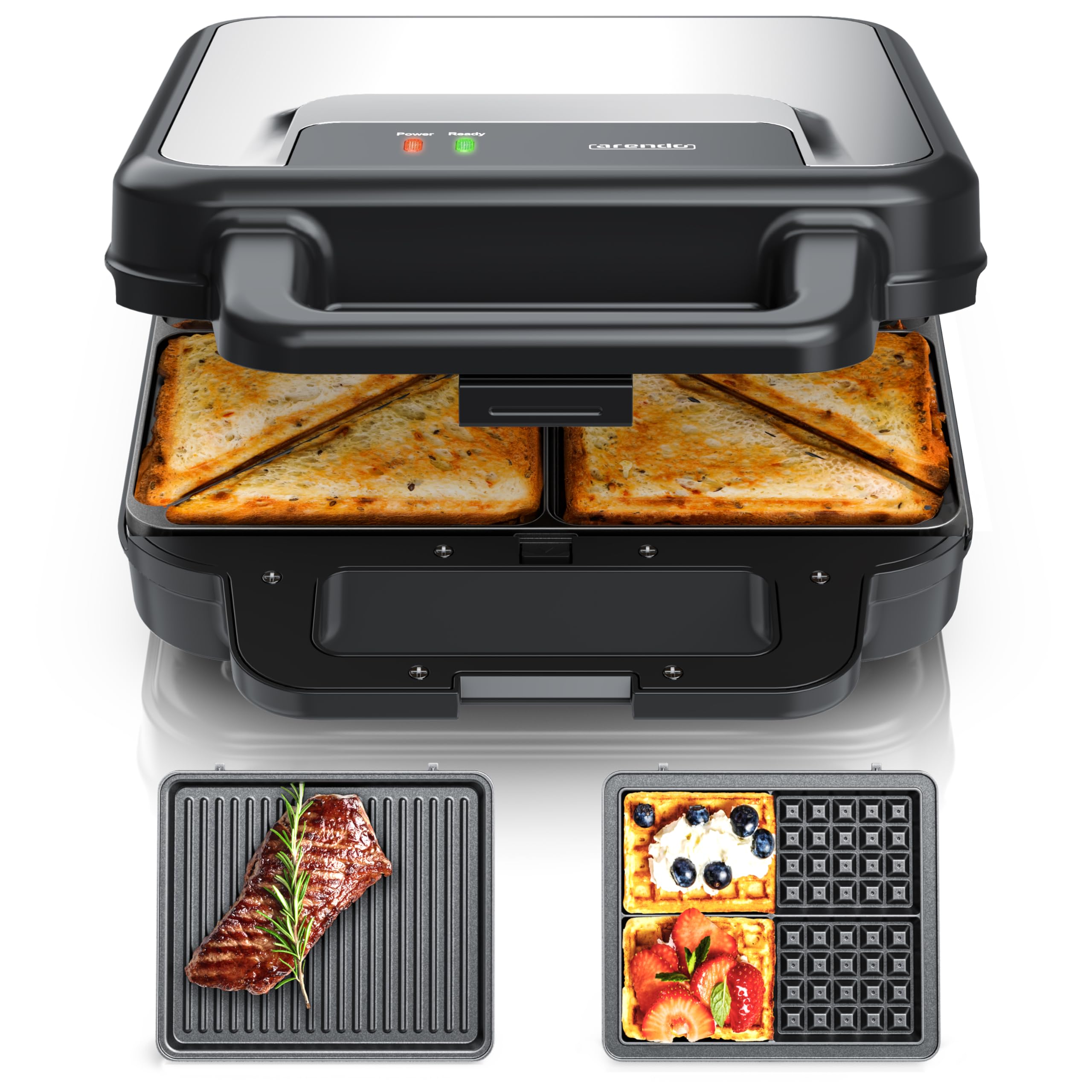 Arendo - Sandwichmaker XXL 4er - 3 in 1 Waffeleisen Kontaktgrill mit abnehmbaren Platten - mit Antihaftbeschichtung - BPA frei - Temperaturkontrolle – Sandwichtoaster - 4er Platten Angebot bei HelloDeals