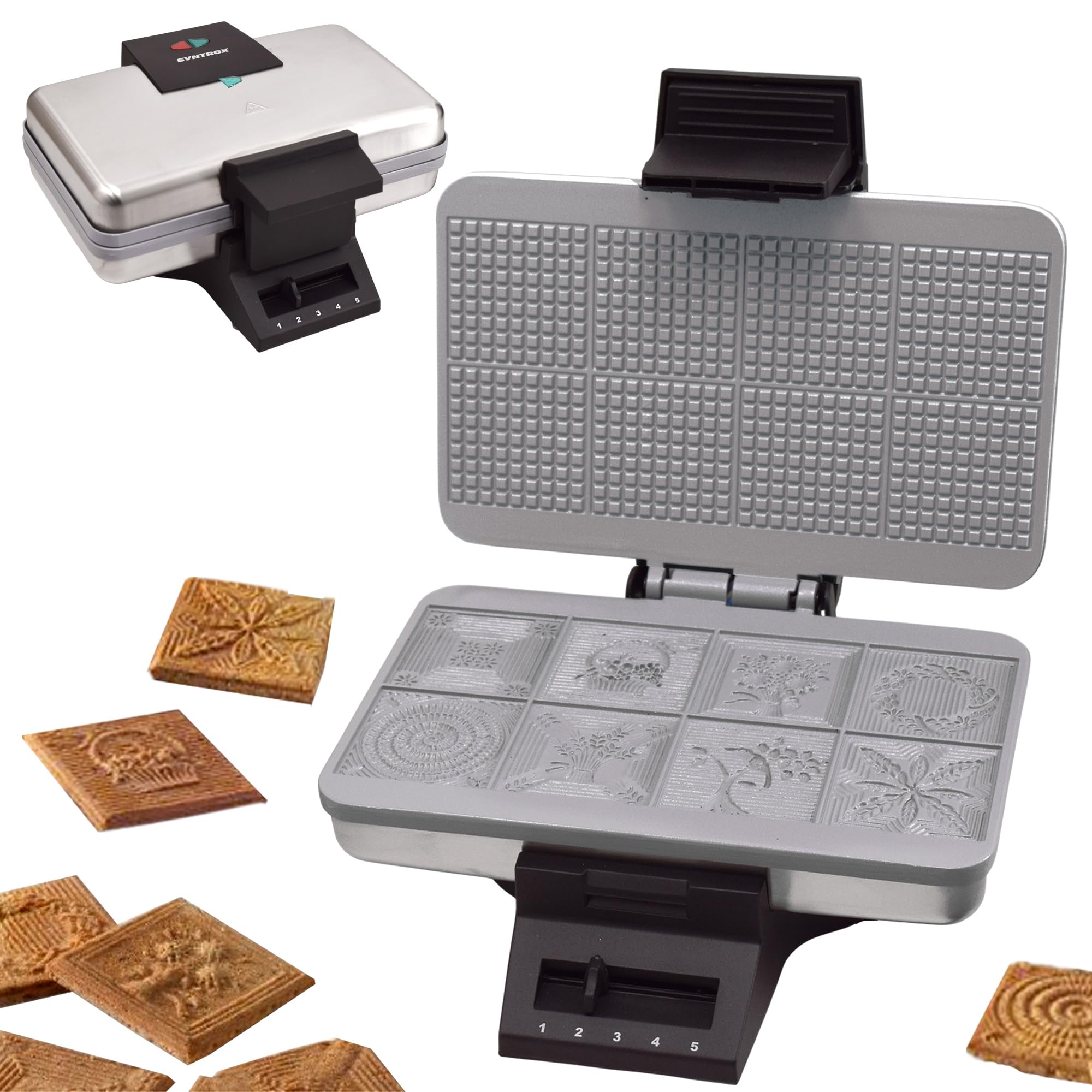 Syntrox Germany Kitchen-Chef ZWE-8 Ceramic Zimtwaffeleisen für 8 Zimtwaffeln – Zimtwaffelautomat, 1000 W, Keramik-Antihaft, Edelstahl-Gehäuse, 5-stufiges Thermostat, Backampel Angebot bei HelloDeals