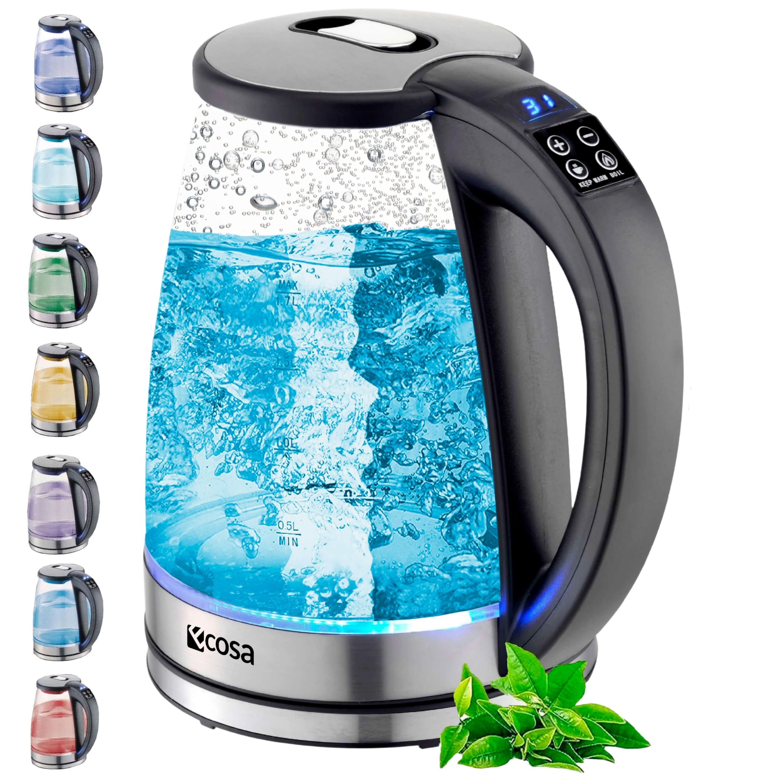 Ecosa® Wasserkocher mit temperatureinstellung Glas Edelstahl - 1,8 Liter 2.200 Watt - BPA Frei mit Temperaturwahl 40°C-100°C - Teekocher Warmhaltefunktion LED Beleuchtung im Farbwechsel Angebot bei HelloDeals