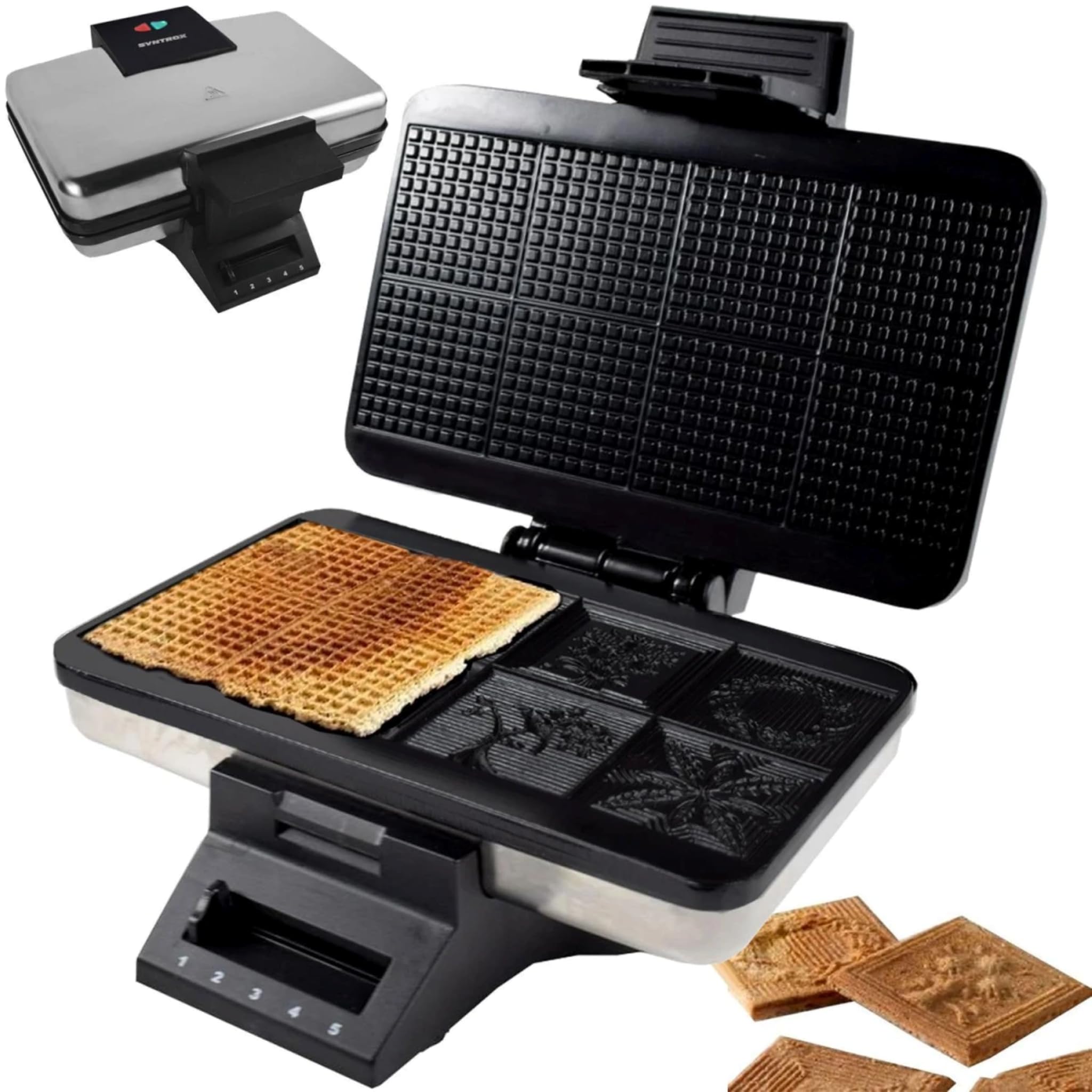 Syntrox Germany Zimtwaffelautomat Blump, Zimtwaffeleisen mit Motiv, 1000 W, Antihaftbeschichtung, Edelstahl-Schwarz, Thermostat, Backampel, platzsparende Aufbewahrung Angebot bei HelloDeals