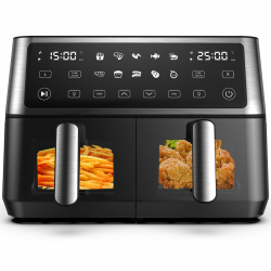 Heißluftfritteuse 2 Kammern mit Sichtfenster,10L Dual Zone XXL Airfryer,10-in-1 Voreingestellten Programmen, Touchscreen, Intelligente Synchronisierung und Timer, Energiesparend, Friteuse ohne Öl 5L+5L Angebot bei HelloDeals