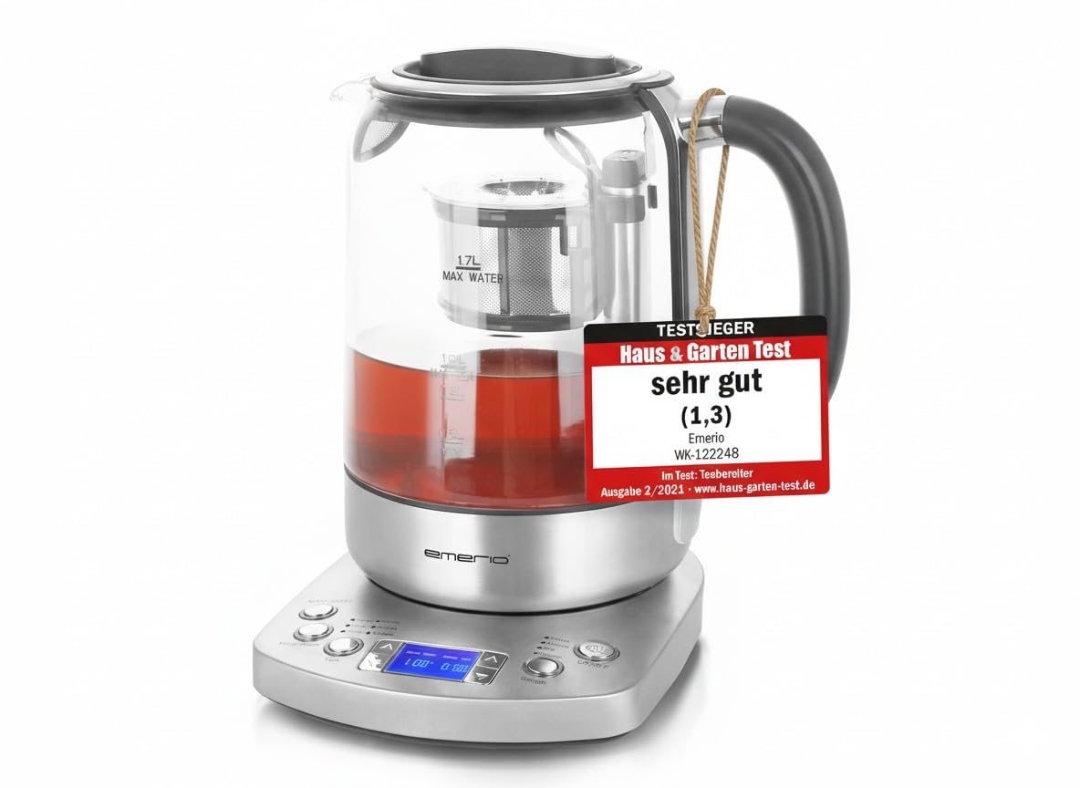 Emerio WK-122248 Glas Teekocher Wasserkocher TESTSIEGER mit Note 1.3 vollautomatisches Teesieb Absenkautomatik Borosilikatglas BPA frei 1.7l Volumen Temperaturwahl 2200 Watt Schwarz/Silber Angebot bei HelloDeals