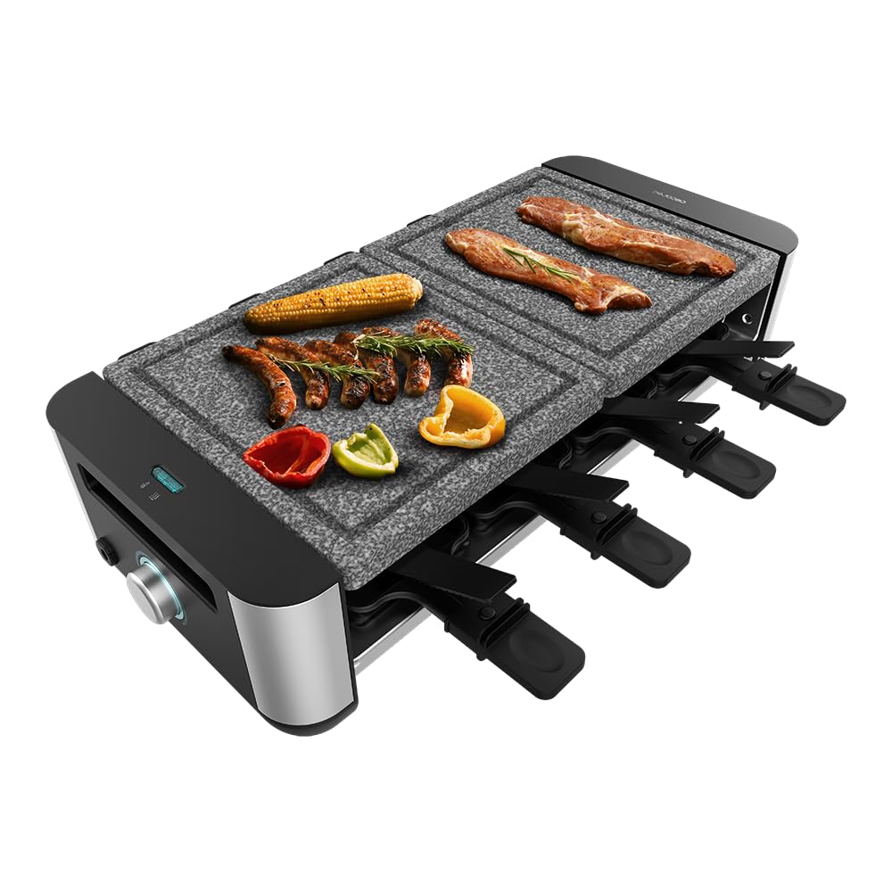 Cecotec Raclette Cheese&Grill 16000 Inox AllStone, 8 Personen, 1400 W Grill, einstellbares Thermostat, gemischte Grill- und Grillfläche 40 x 22 cm, Natursteinplatte, inklusive 8 Pfannen und 8 Spatel. 1400 W | Inox Allstone Angebot bei HelloDeals