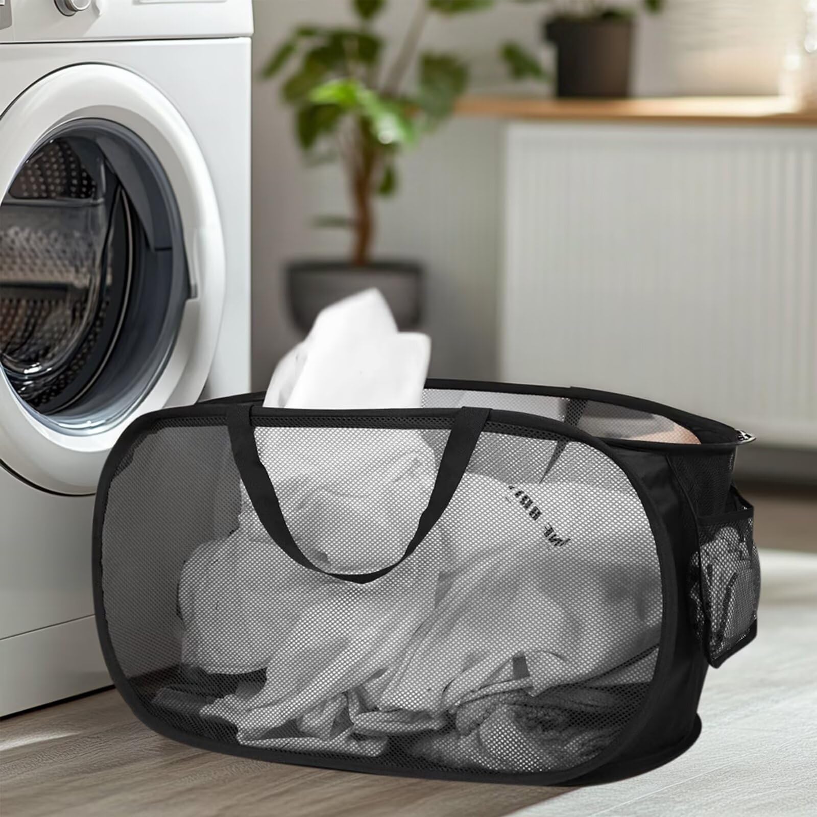 Langlebige, faltbare Netz-Wäschekörbe mit Seitentasche und verstärkten Tragegriffen für Wäsche, Badezimmer, Wohnheim oder Reisen Schwarz Angebot bei HelloDeals