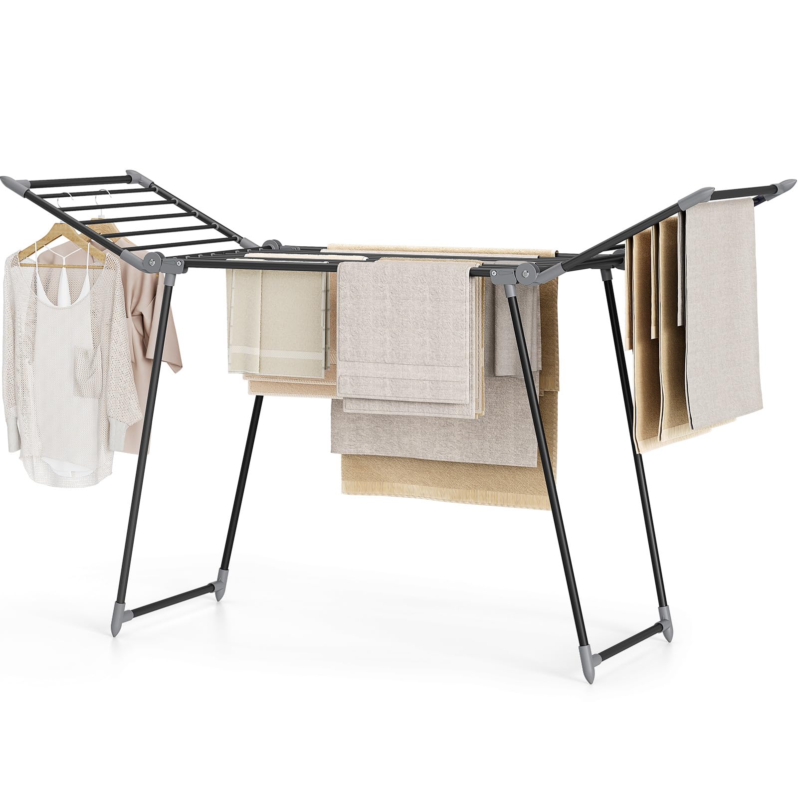 Wäscheständer, Standtrockner, Stabiler Flügelwäscheständer für platzsparende Aufbewahrung, Klappbarer Gullwing Wäscheständer für Lange Wäschestücke, Kleidung, Handtücher, Schwarz Angebot bei HelloDeals