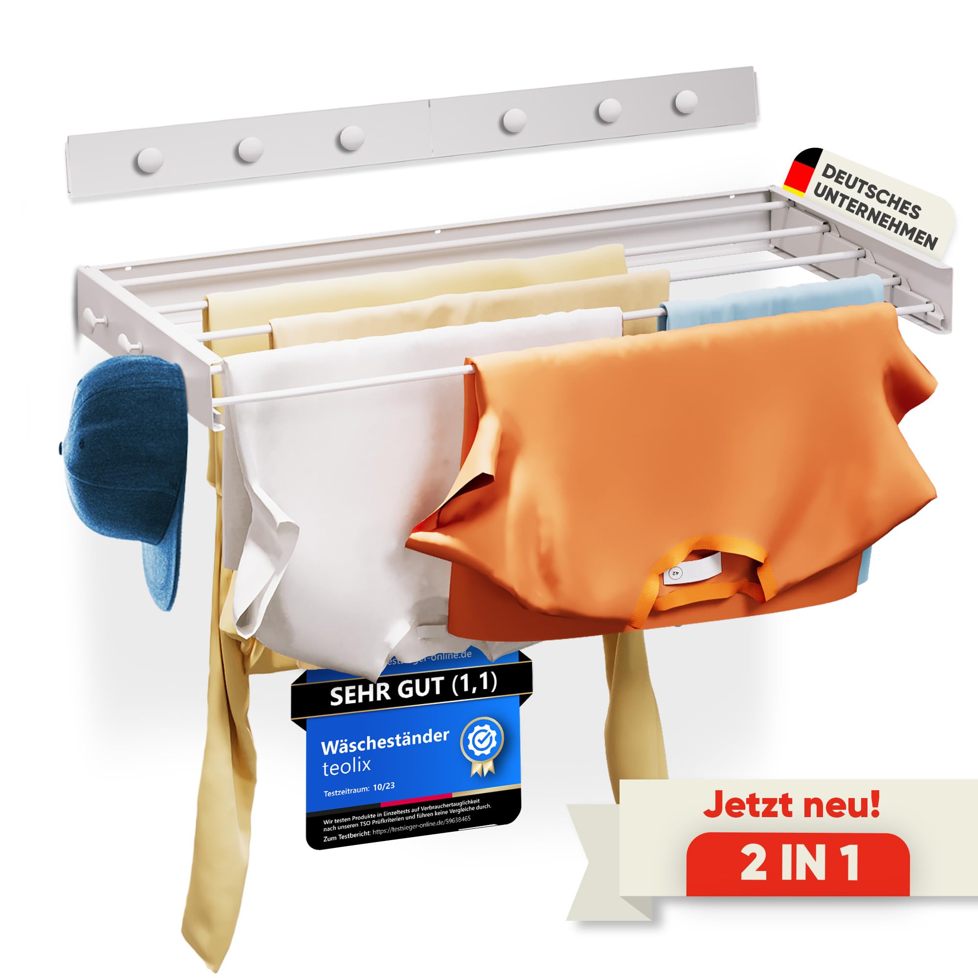 Wäscheständer Wandmontage [2in1 mit extra Kleiderhaken] Ausziehbar und Platzsparend | Wäschetrockner Klein für Wand | Clothes Drying Rack Zeitlos Praktisch - (Weiß, 100cm) 100cm Weiß Angebot bei HelloDeals