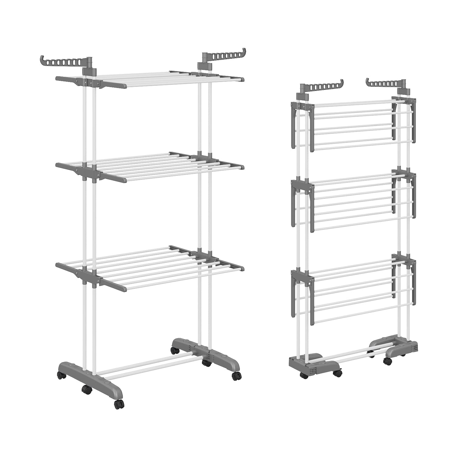 3 Etagen WäScheständer Turm Klappbarer mit 2 Drehbare Flügeln Hoch 178cm Klappbare Füsse Platzsparend Clothes Drying Rack mit Rädern für Wohnung, Balkon & Garten (Grau) Angebot bei HelloDeals