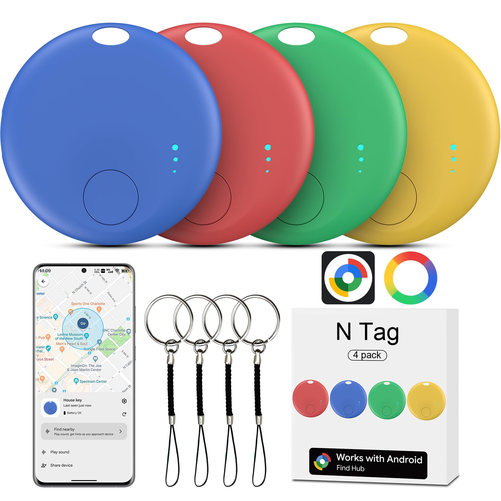 Air Tracker Android, 4 Pack Smart Tracker Tag Android Schlüsselfinder Key Finder kompatibel mit Google Find Hub APP (Android NUR), Bluetooth Tracker für Gepäck,Brieftasche,Koffer (Mehrfarbig) Angebot bei HelloDeals