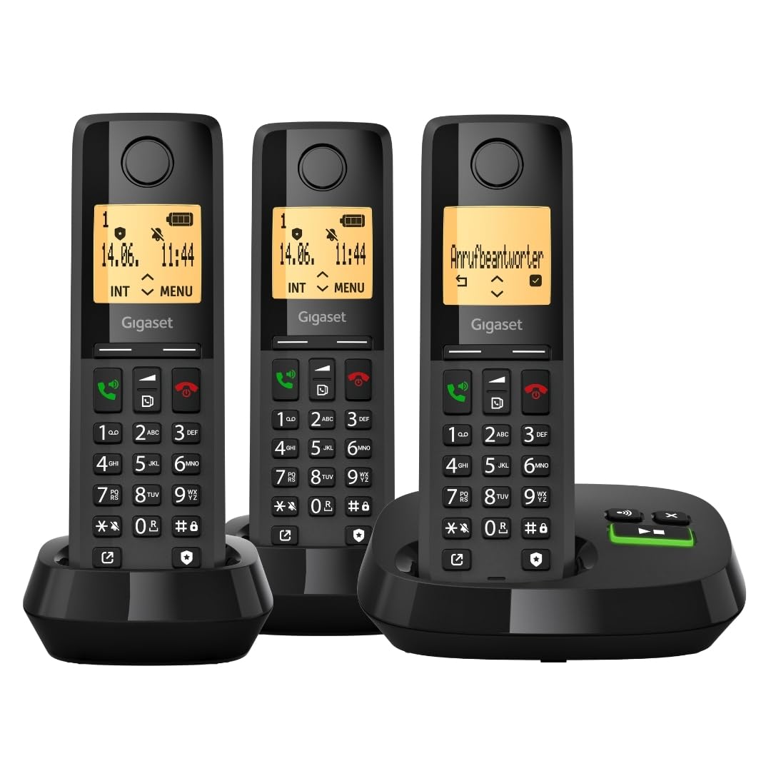 Gigaset Pure 320A Trio - Schnurloses DECT-Telefon mit Anrufbeantworter - mit Call-Block-Taste und Freisprechfunktion - 100 Kontakten, schwarz [Kompatibel in DE, IT, FR, NL, BE, Che, AUT] 3 Telefone mit AB Angebot bei HelloDeals