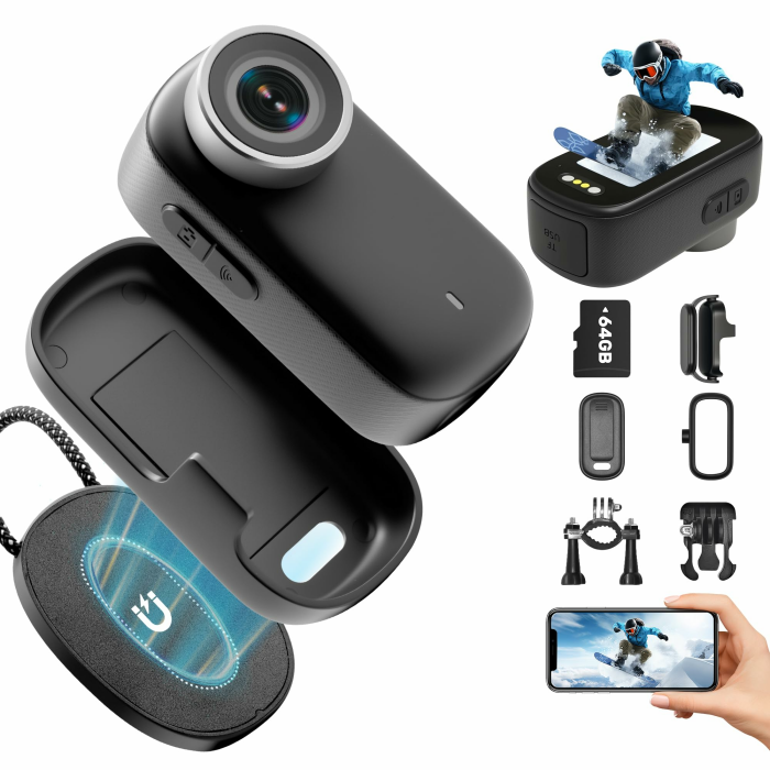 Action Cam 4K WiFi, Körperkamera Mini Bodycam 64GB, 150° Kleine Motorrad Sportkamera Helmkamera mit Display Bildschirm, Actionkameras Vlog Video Kamera mit Multifunctional Accessories Angebot bei HelloDeals