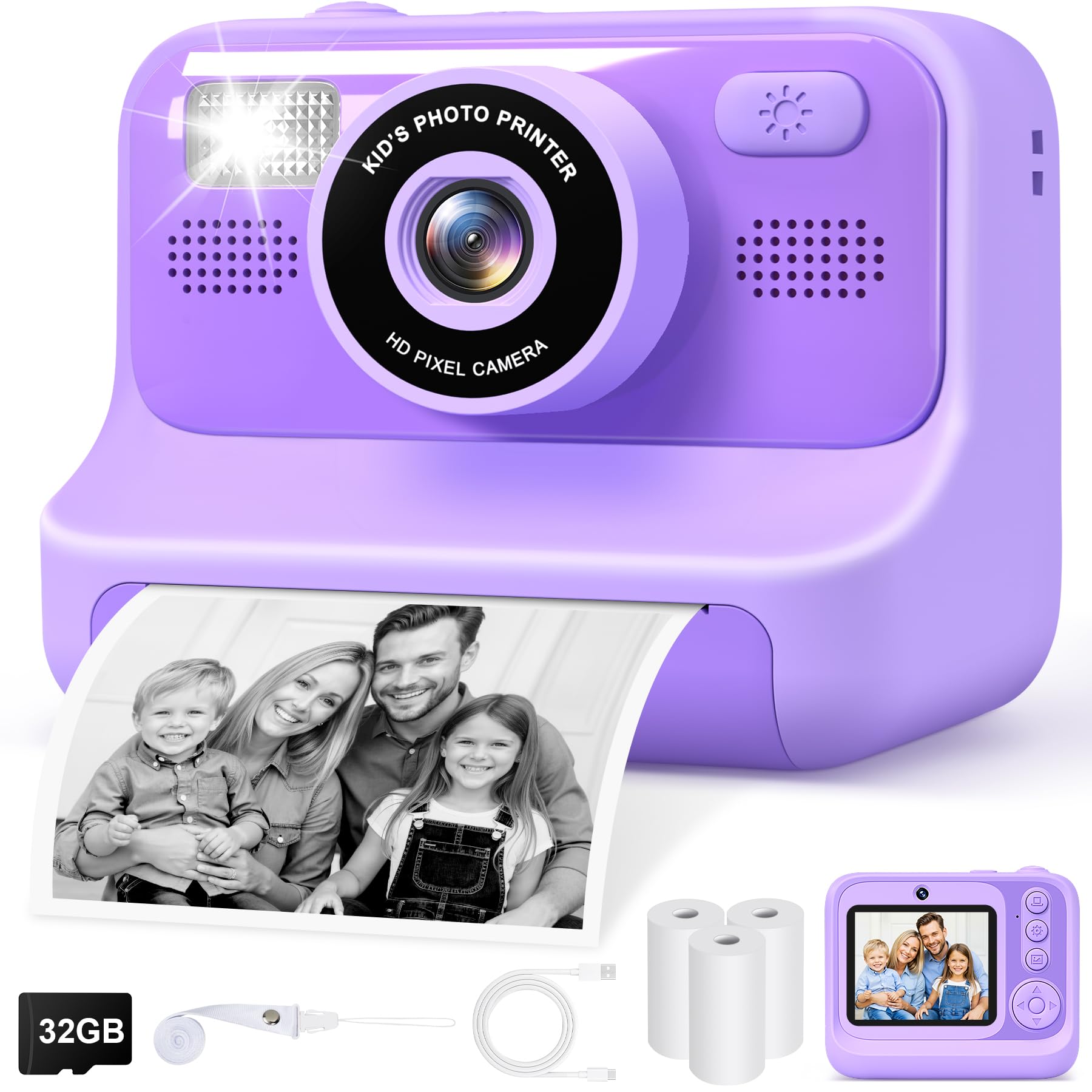 Kinderkamera Sofortbildkamera, 2,4-Zoll Selfie Kamera mit 32GB Karte | 3 Rollen Fotopapier, 1080P Kinder Kamera, Spielzeug Geschenke mädchen Junge ab 3-12 Jahre(Violett) purple Angebot bei HelloDeals