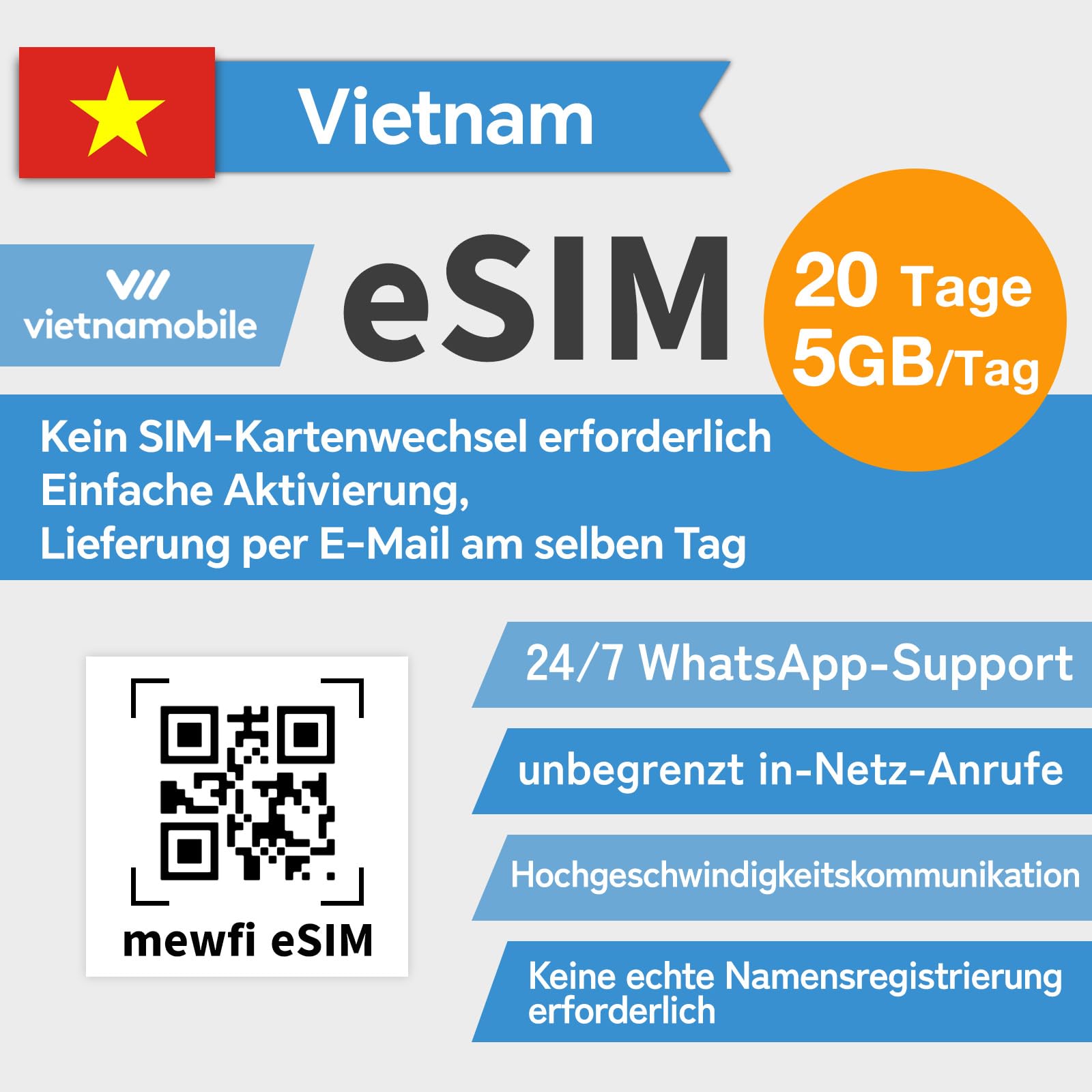 eSIM für Vietnam Reisen, 20 Tage 5 GB/Tag, 4G Hochgeschwindigkeitskommunikationsnetzwerk, Vietnamobile Unbegrenzte Inlandsanrufe, Einfache Aktivierung, 24/7 Whatsapp-Support 20 Tage 5GB/Tag Angebot bei HelloDeals